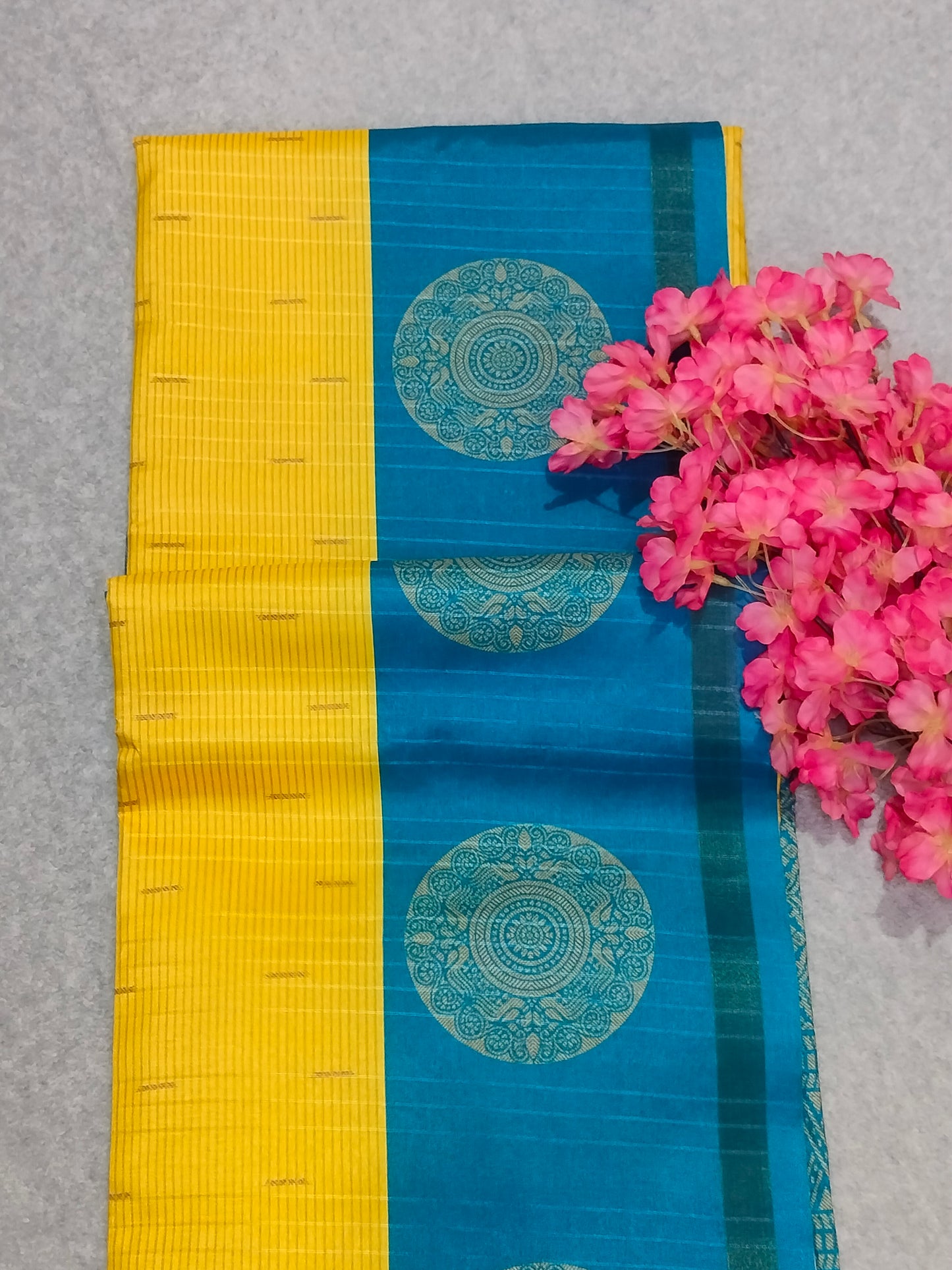 Cotton Mix Blue Border yellow Saree