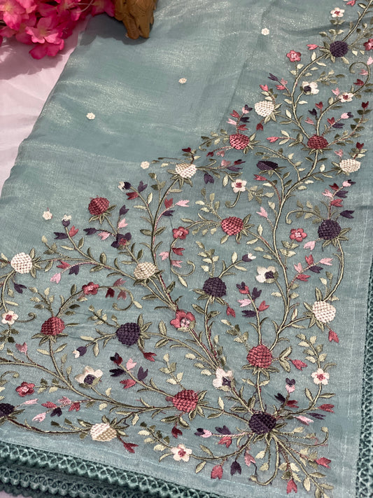 Lenin Tissue Lite weight Embroidery Saree