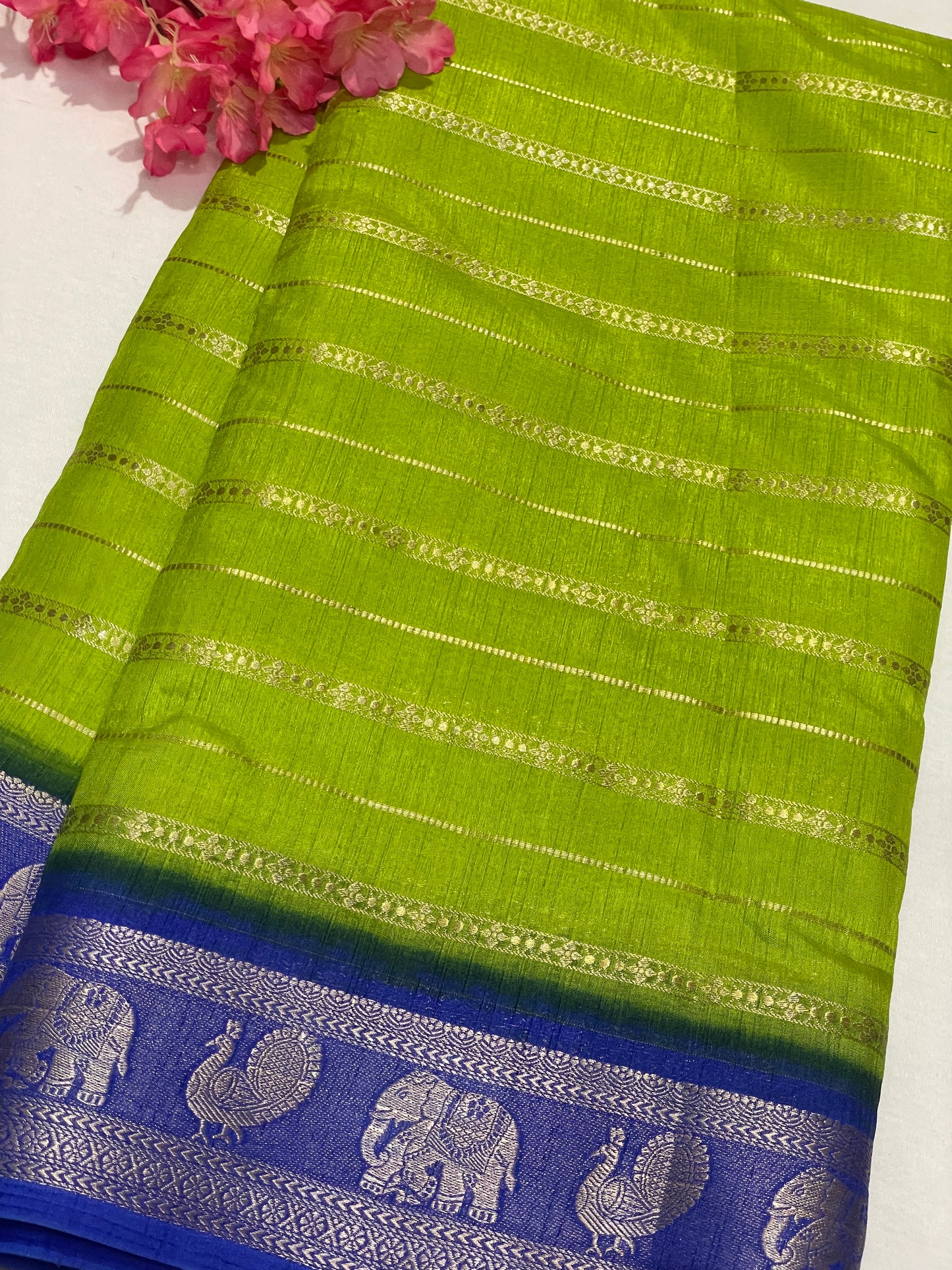 Lemon Yellow & Blue Combination Semi Crape Saree