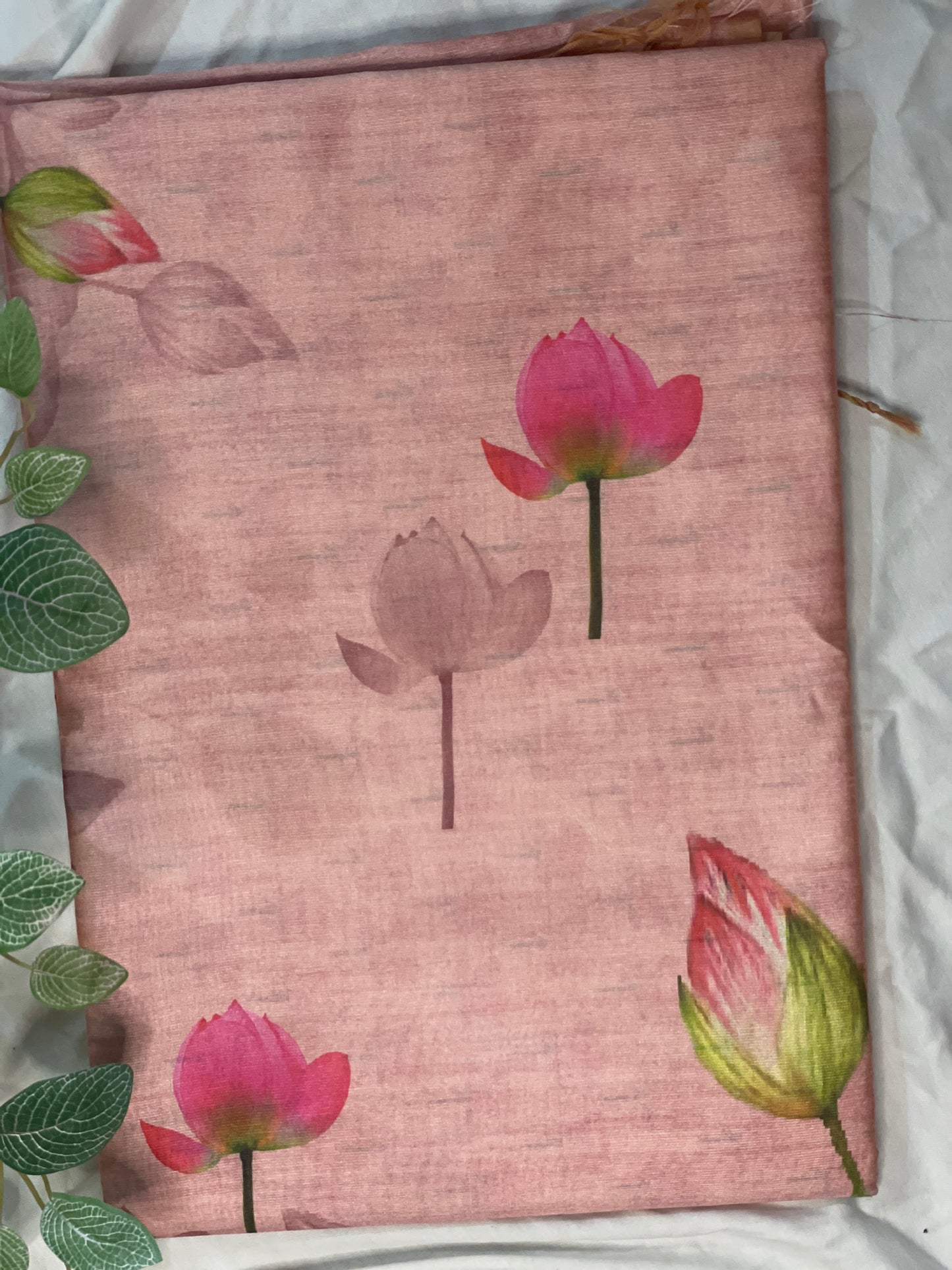 Pink Lotus Print Tussar Silk Saree