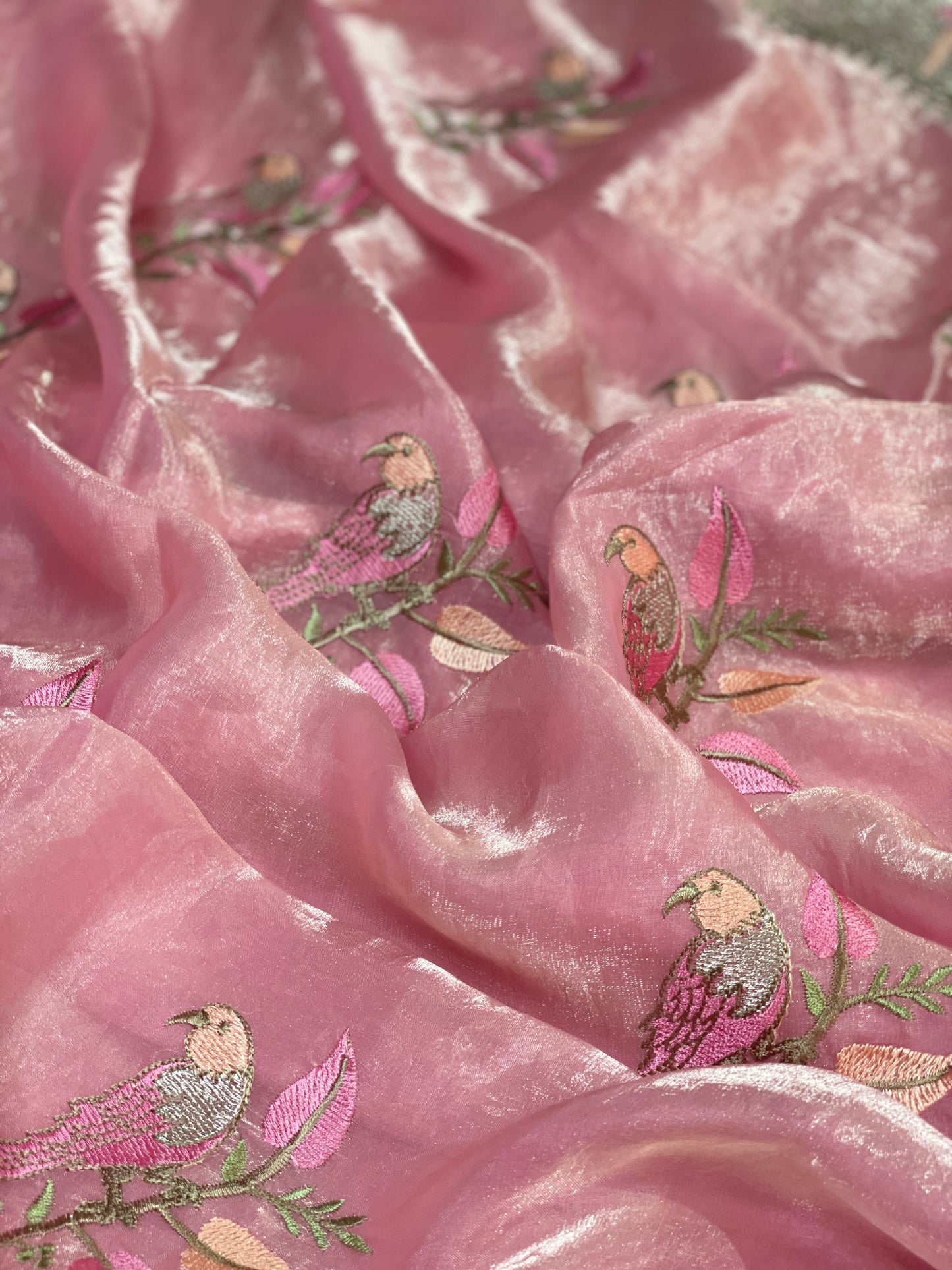 Parrot Embroidery Pure Tissue Silk Saree