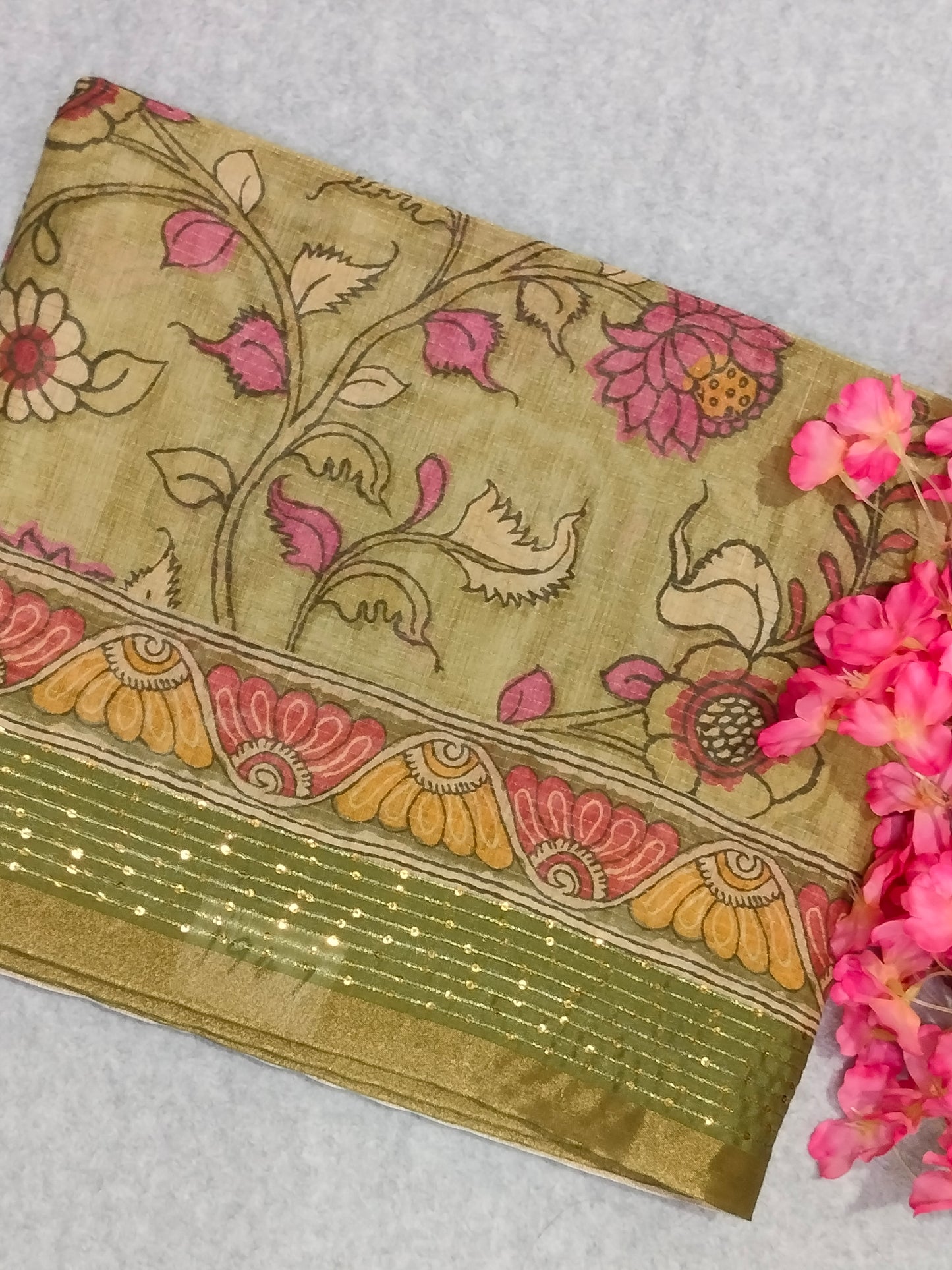 Green Floral Print Lite Saree