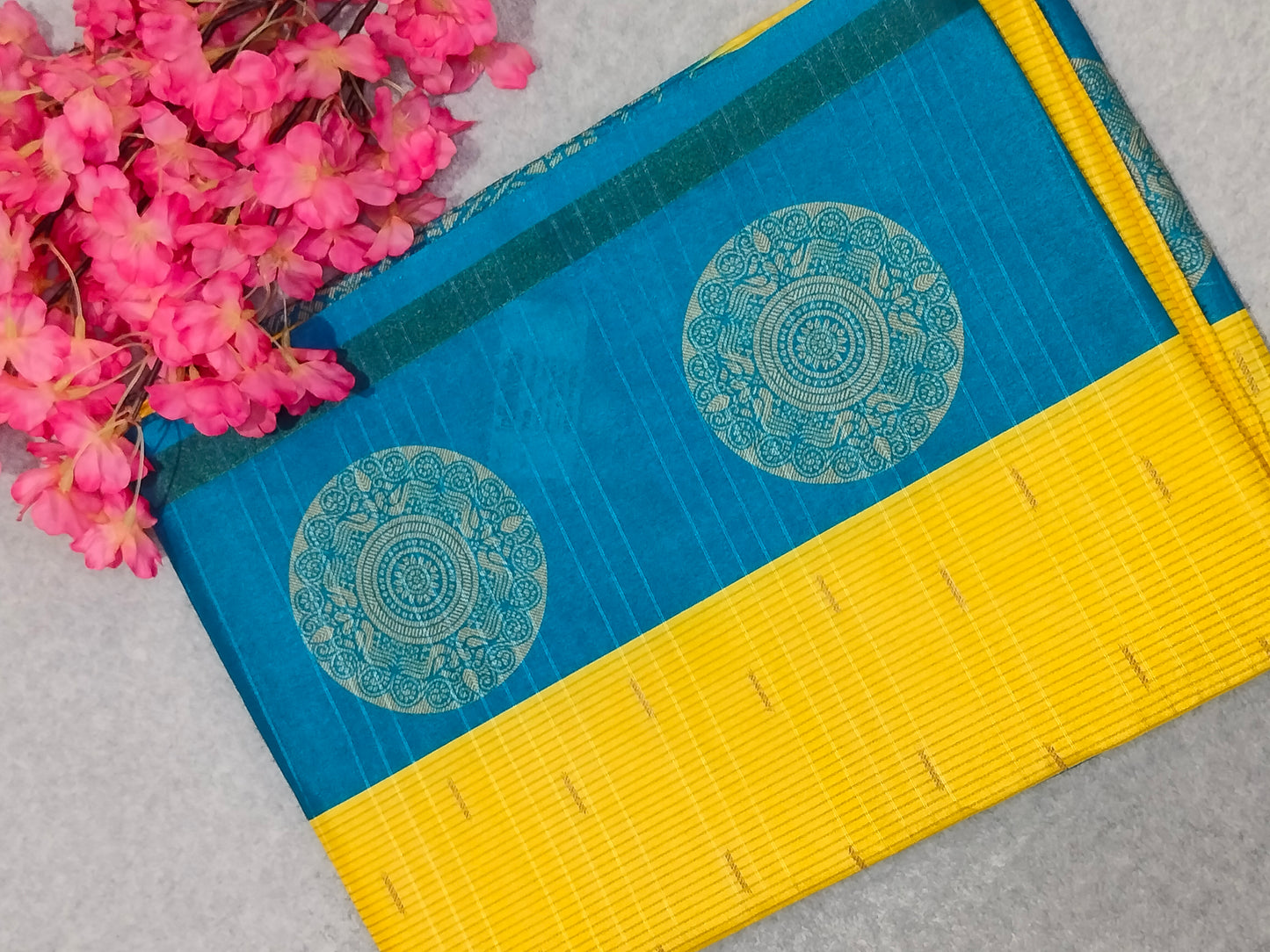 Cotton Mix Blue Border yellow Saree
