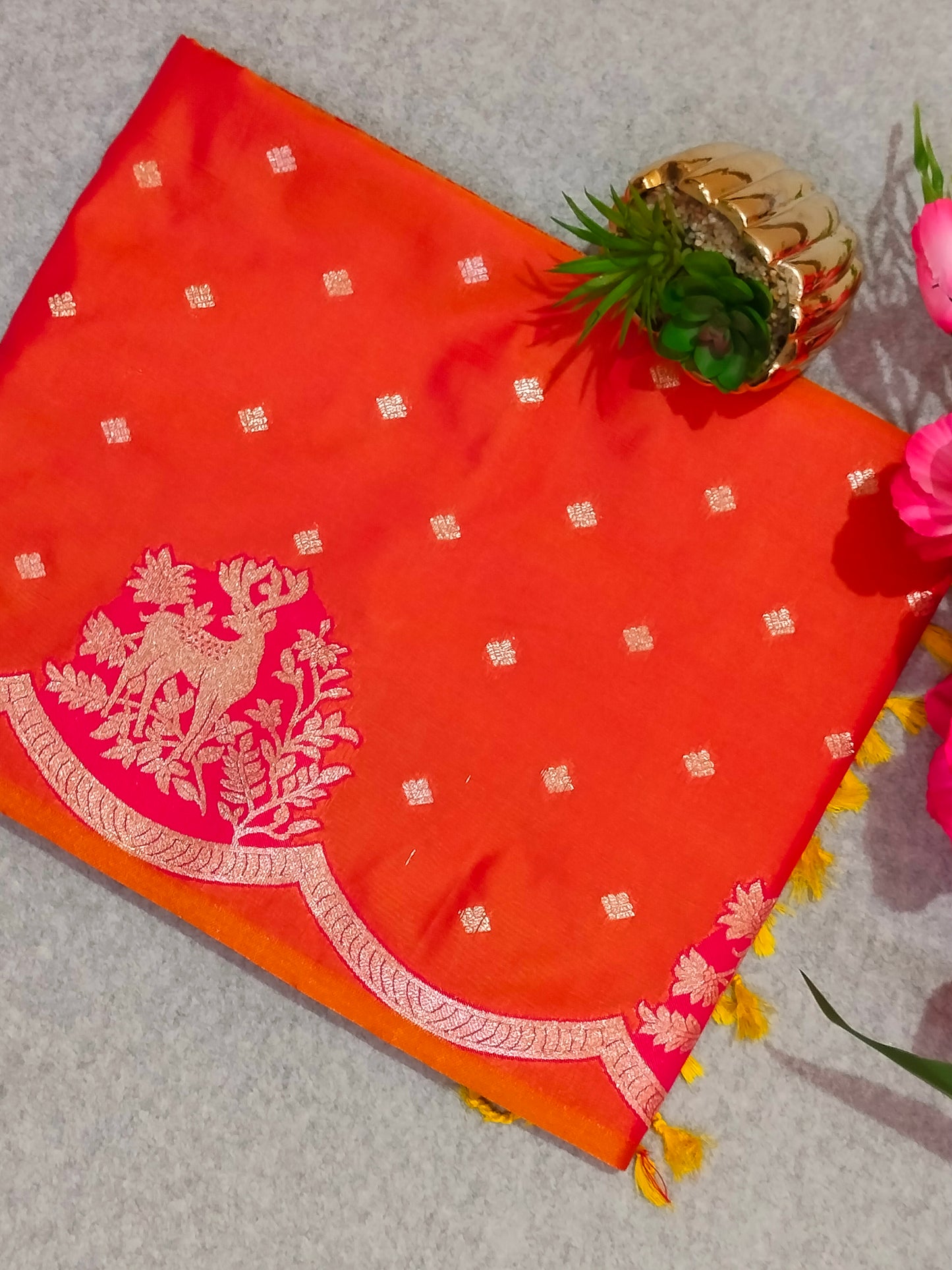 Banarasi Hiran Soft Silk Saree Orange