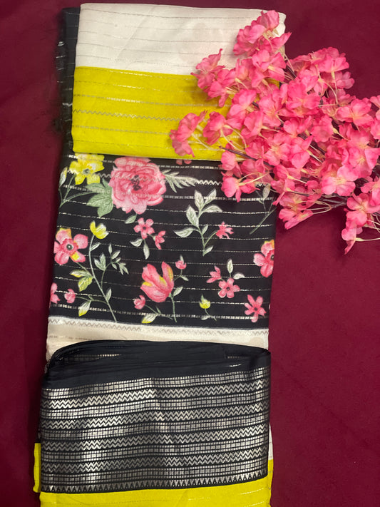 3D Floral Georget Yellow Black with White Combination Saree