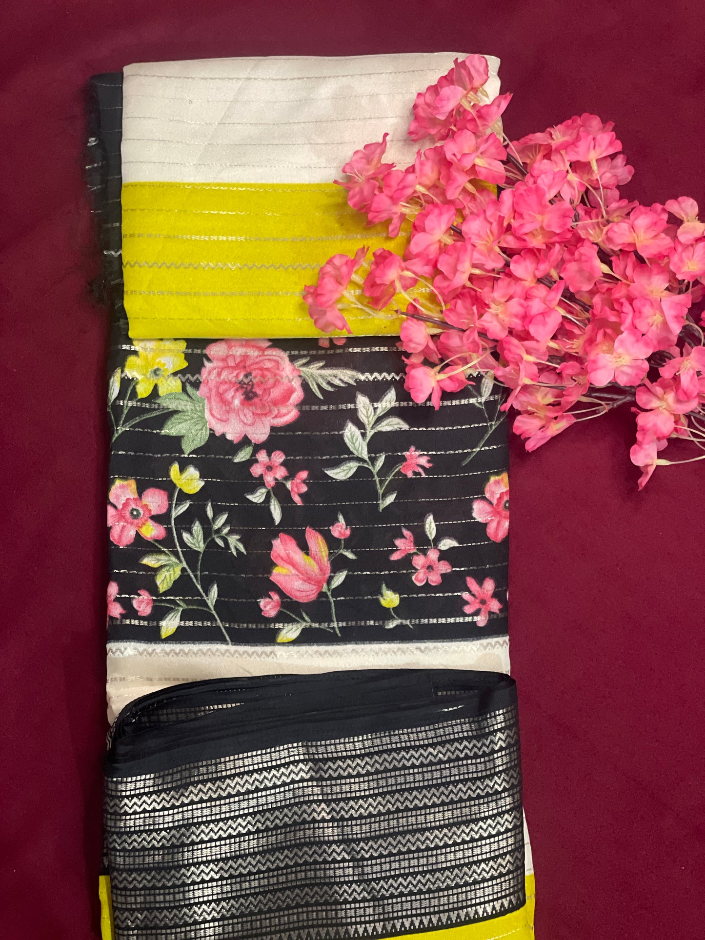 3D Floral Georget Yellow Black with White Combination Saree