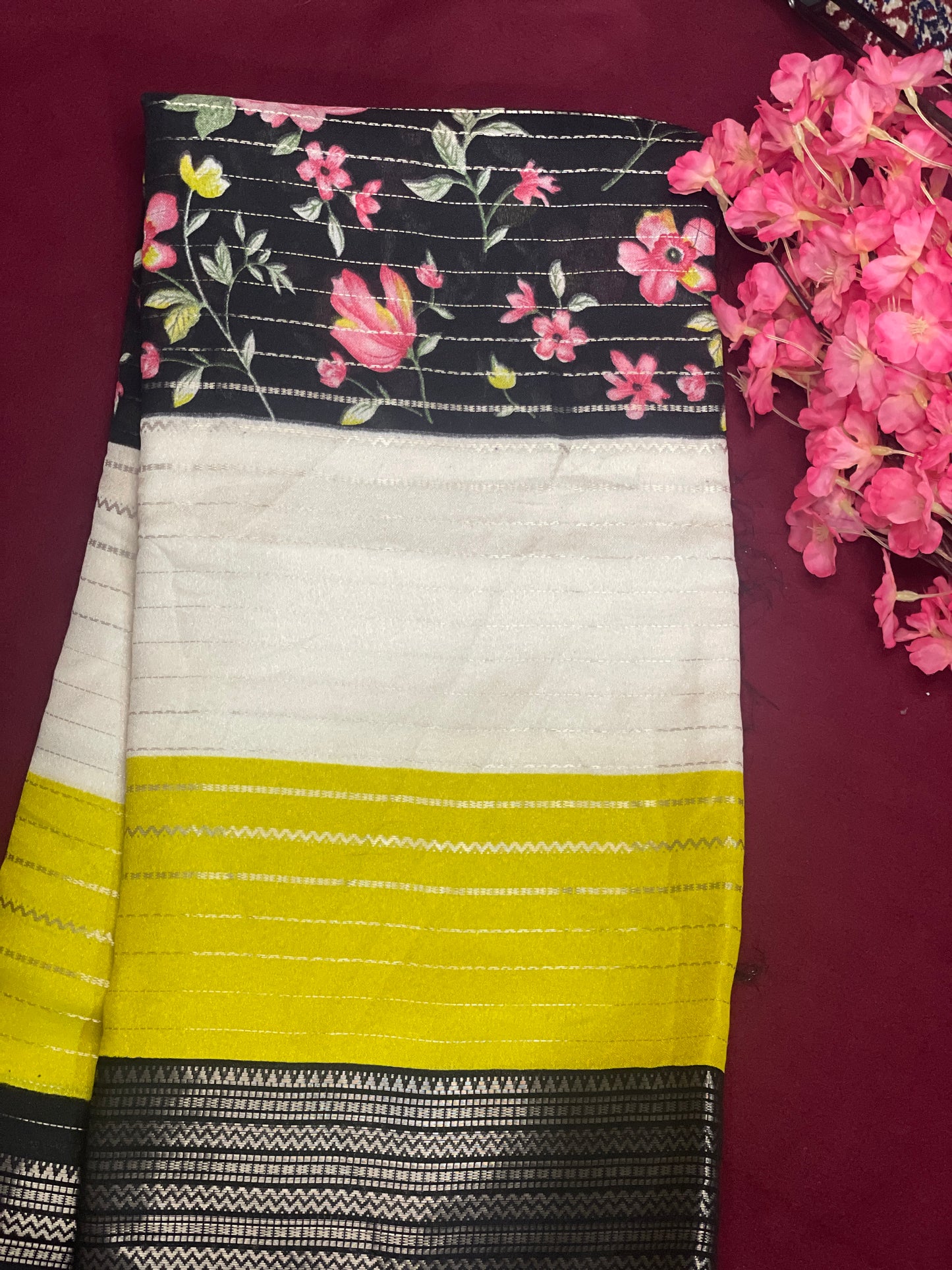 3D Floral Georget Yellow Black with White Combination Saree