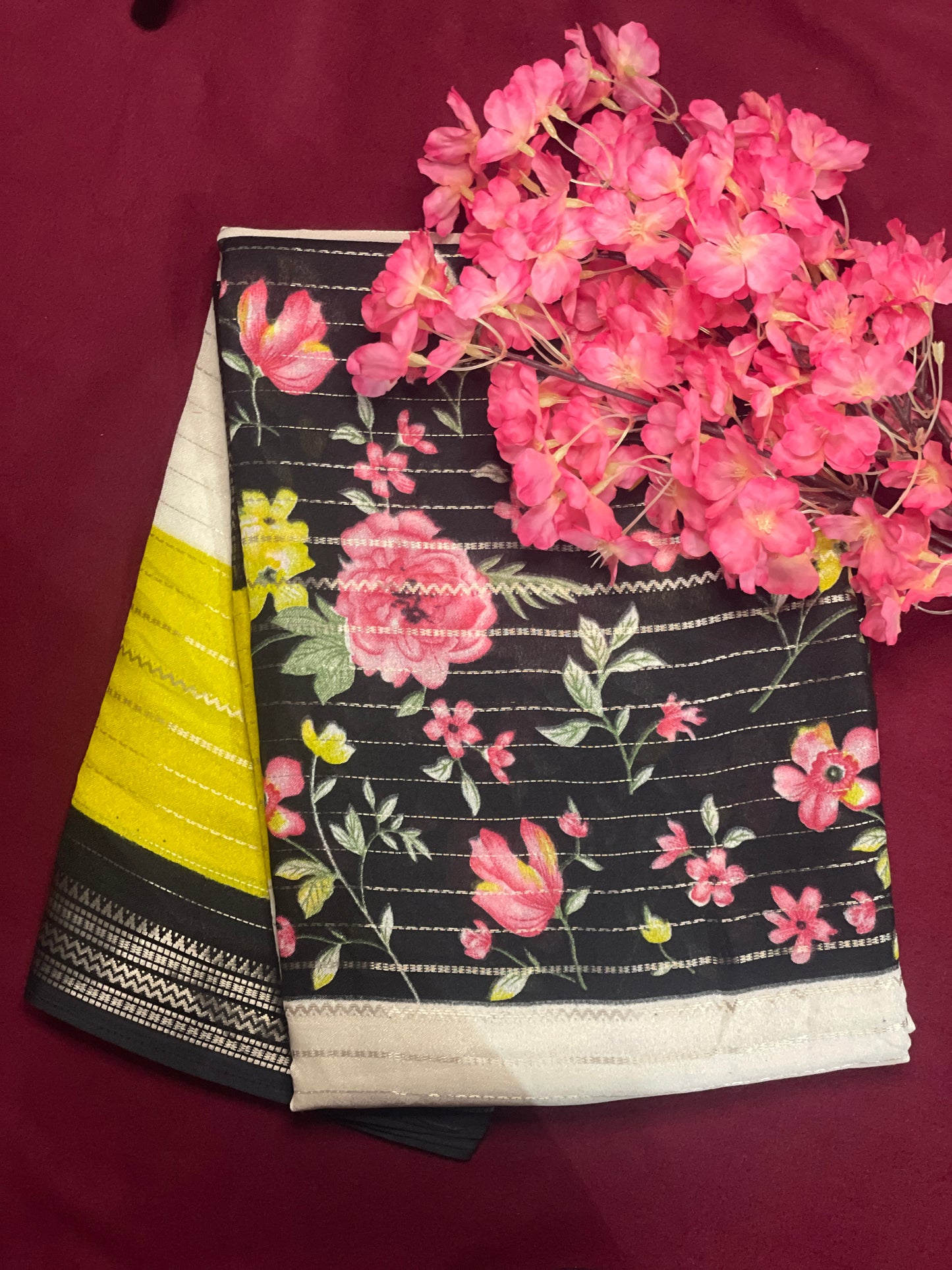 3D Floral Georget Yellow Black with White Combination Saree