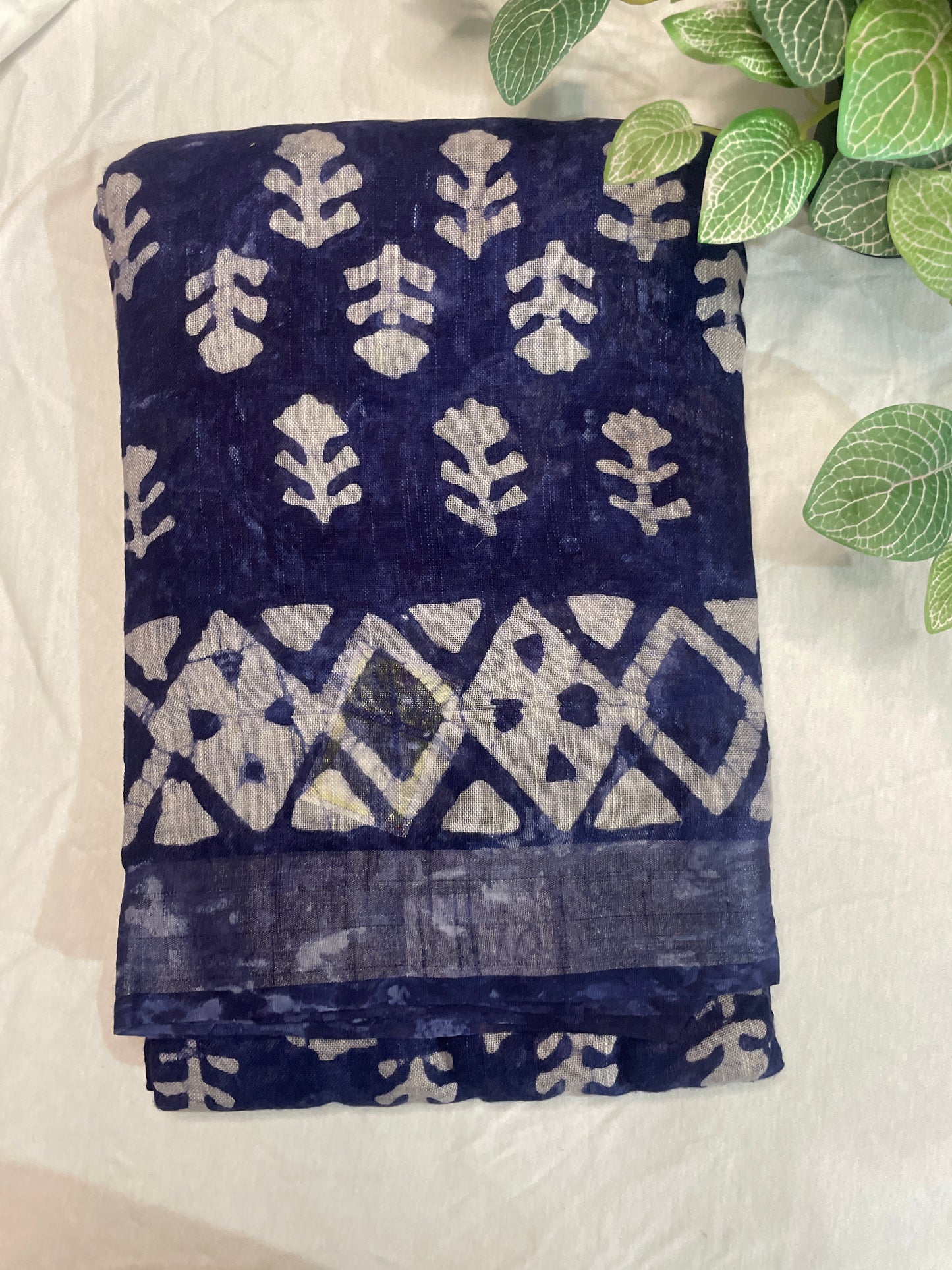 Pure Linen Block Print Saree- Indigo
