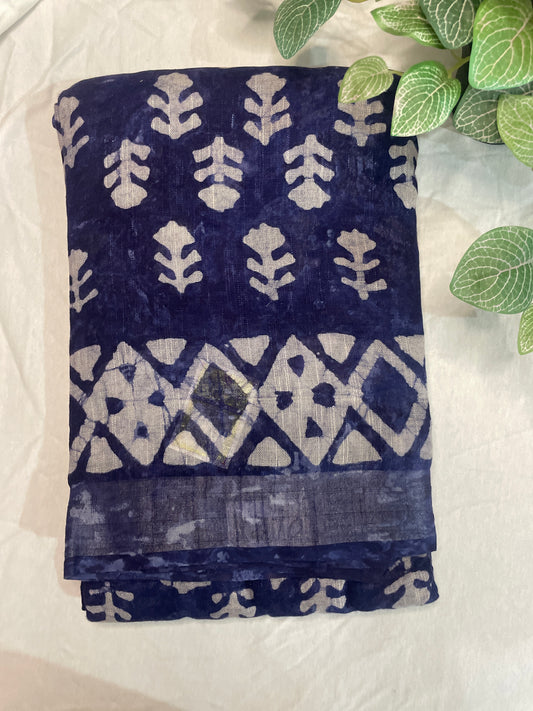 Pure Linen Block Print Saree- Indigo
