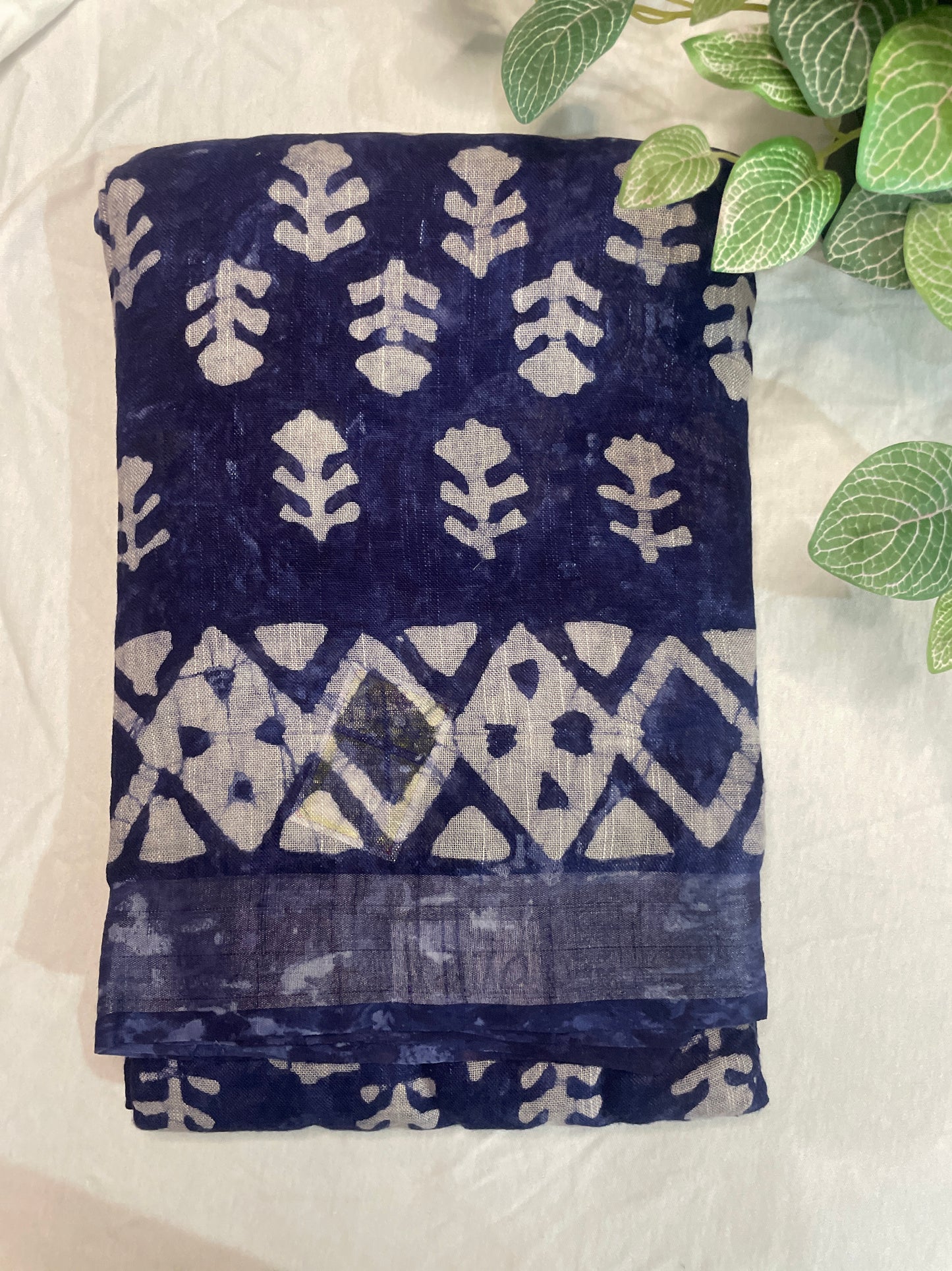 Pure Linen Block Print Saree- Indigo