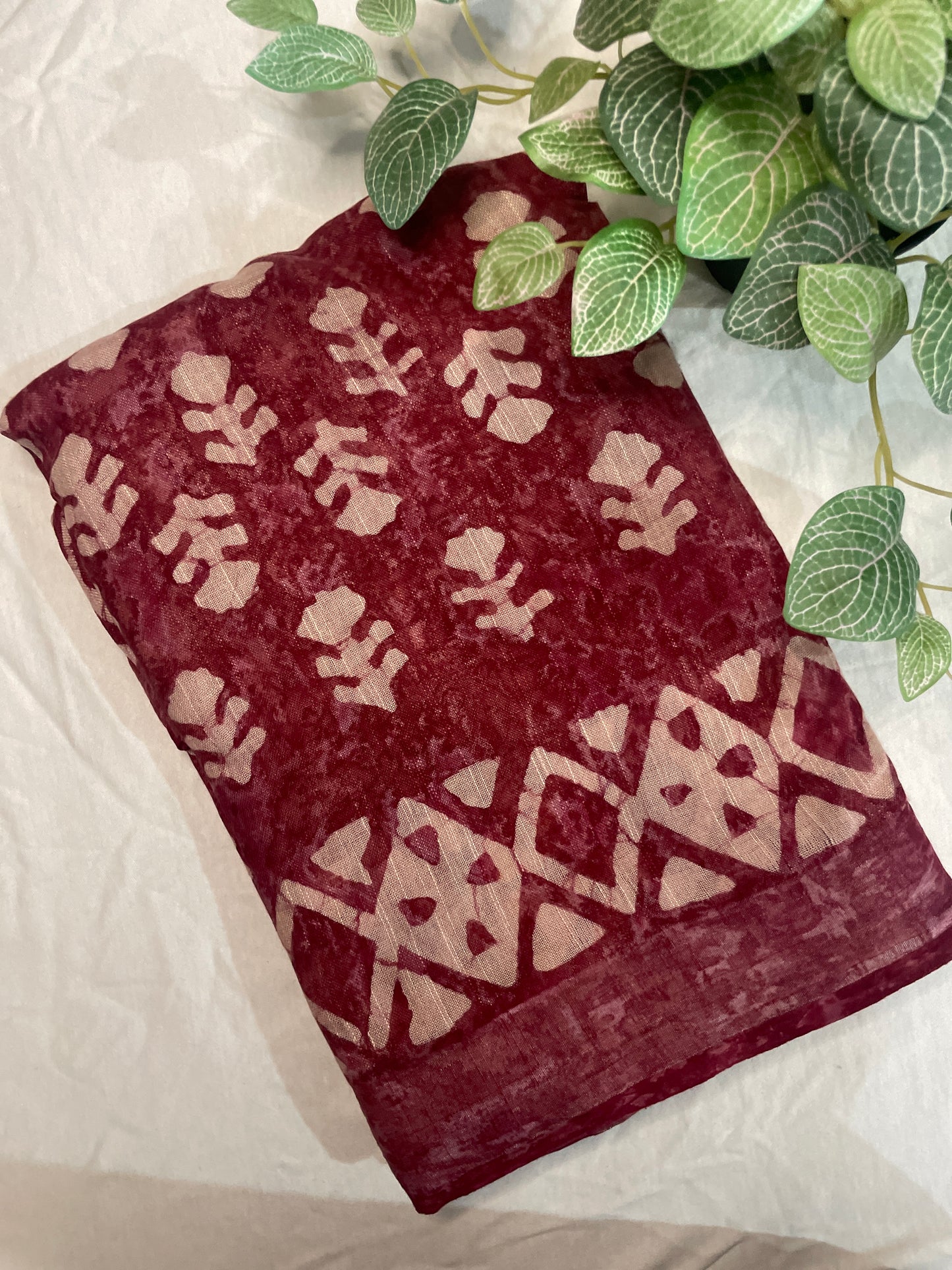 Pure Linen Block Print Saree- Maroon