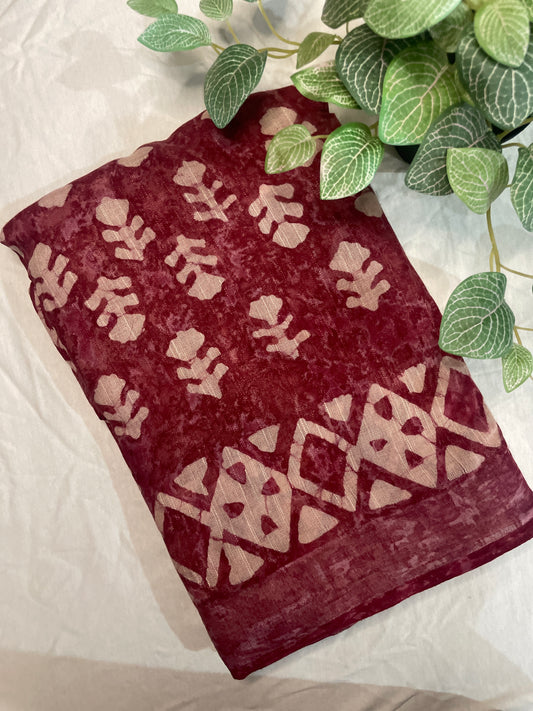 Pure Linen Block Print Saree- Maroon