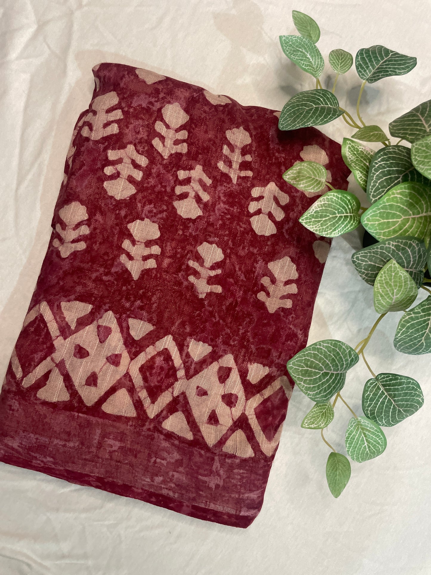 Pure Linen Block Print Saree- Maroon