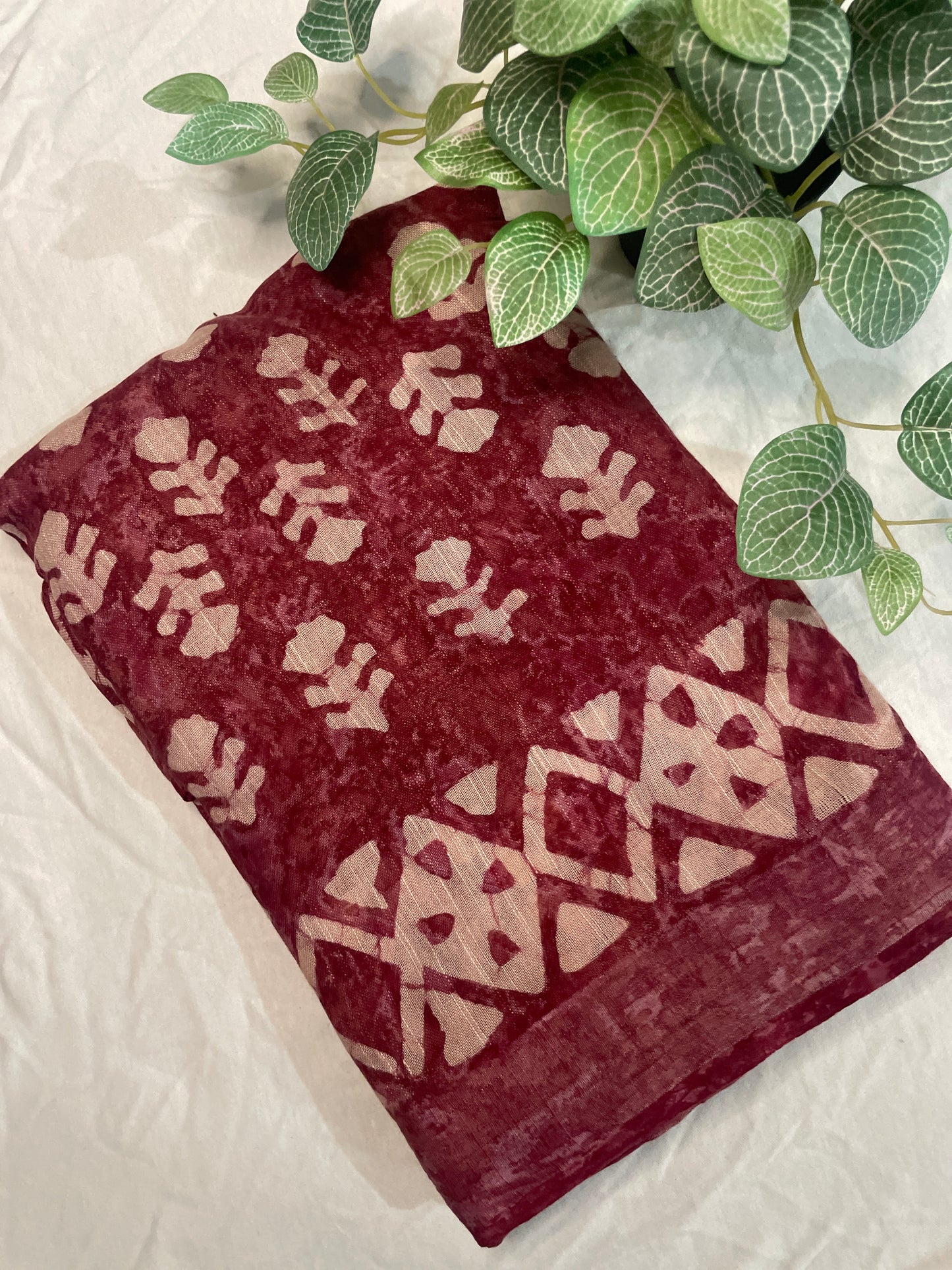 Pure Linen Block Print Saree- Maroon