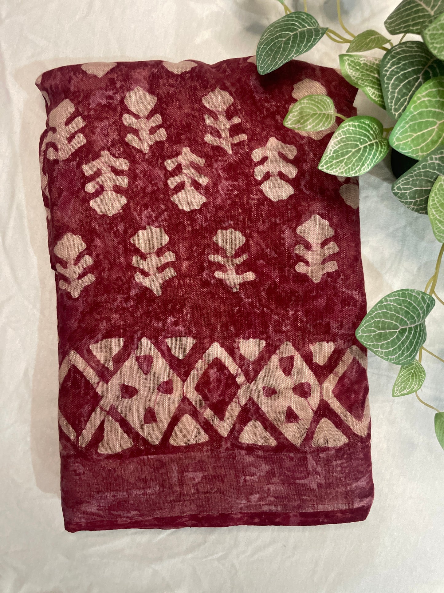 Pure Linen Block Print Saree- Maroon