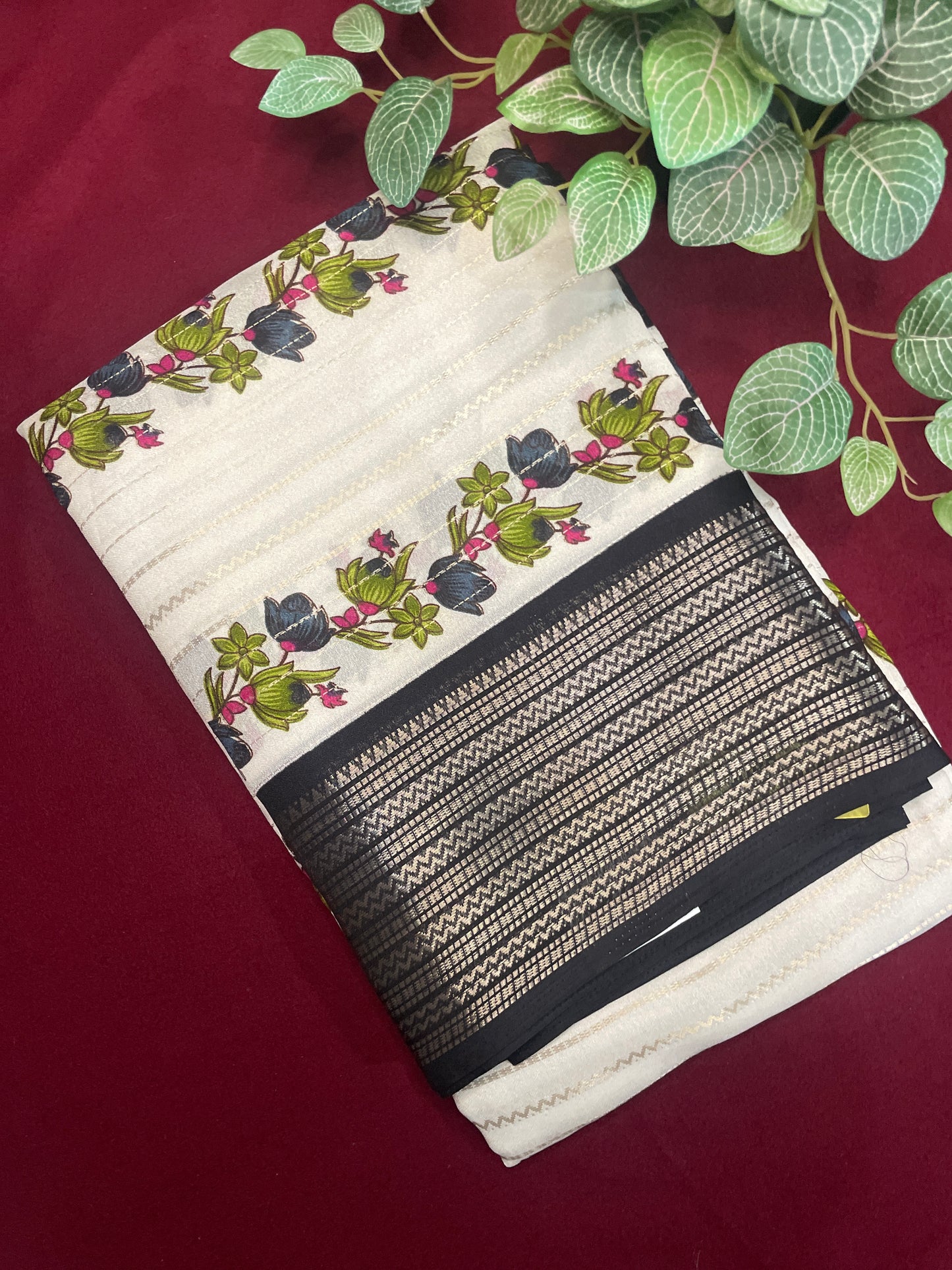 2D Semi Crape Georget Black Border Saree