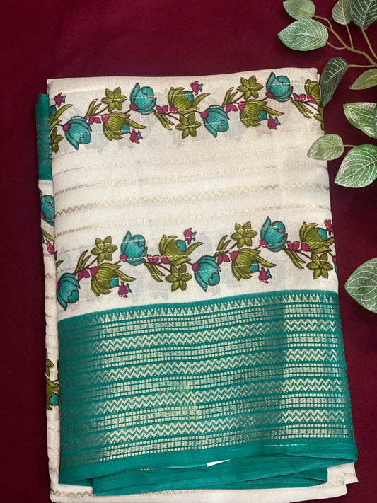 2D Semi Crape Georget Green Border Saree