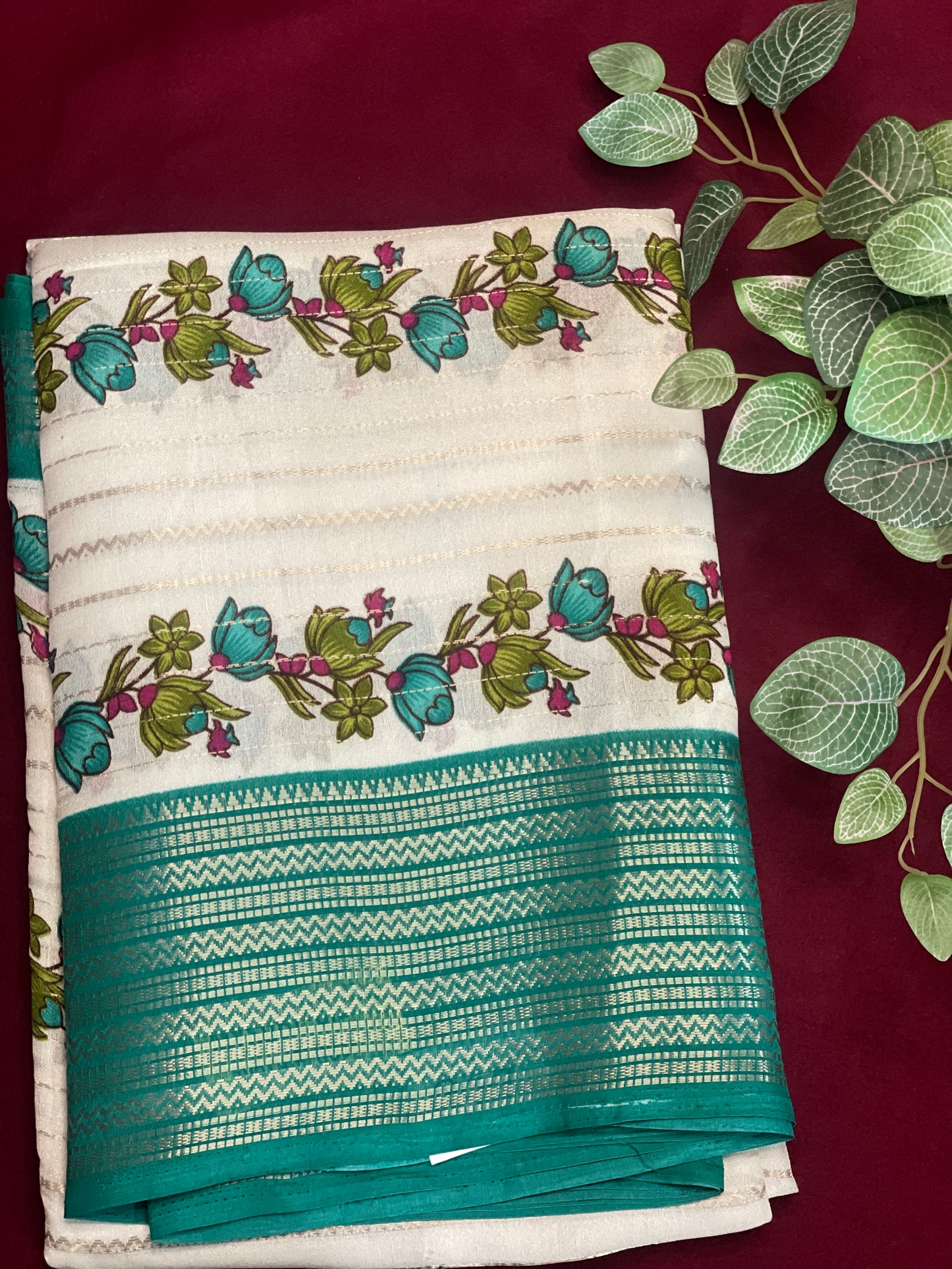 2D Semi Crape Georget Green Border Saree