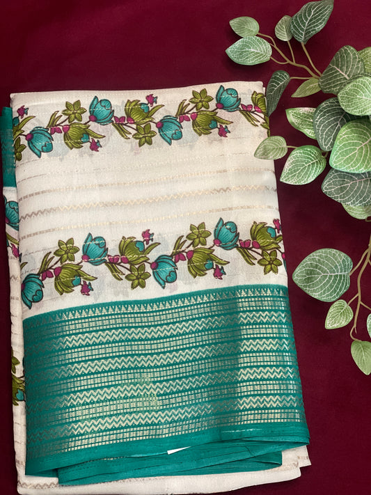 2D Semi Crape Georget Green Border Saree