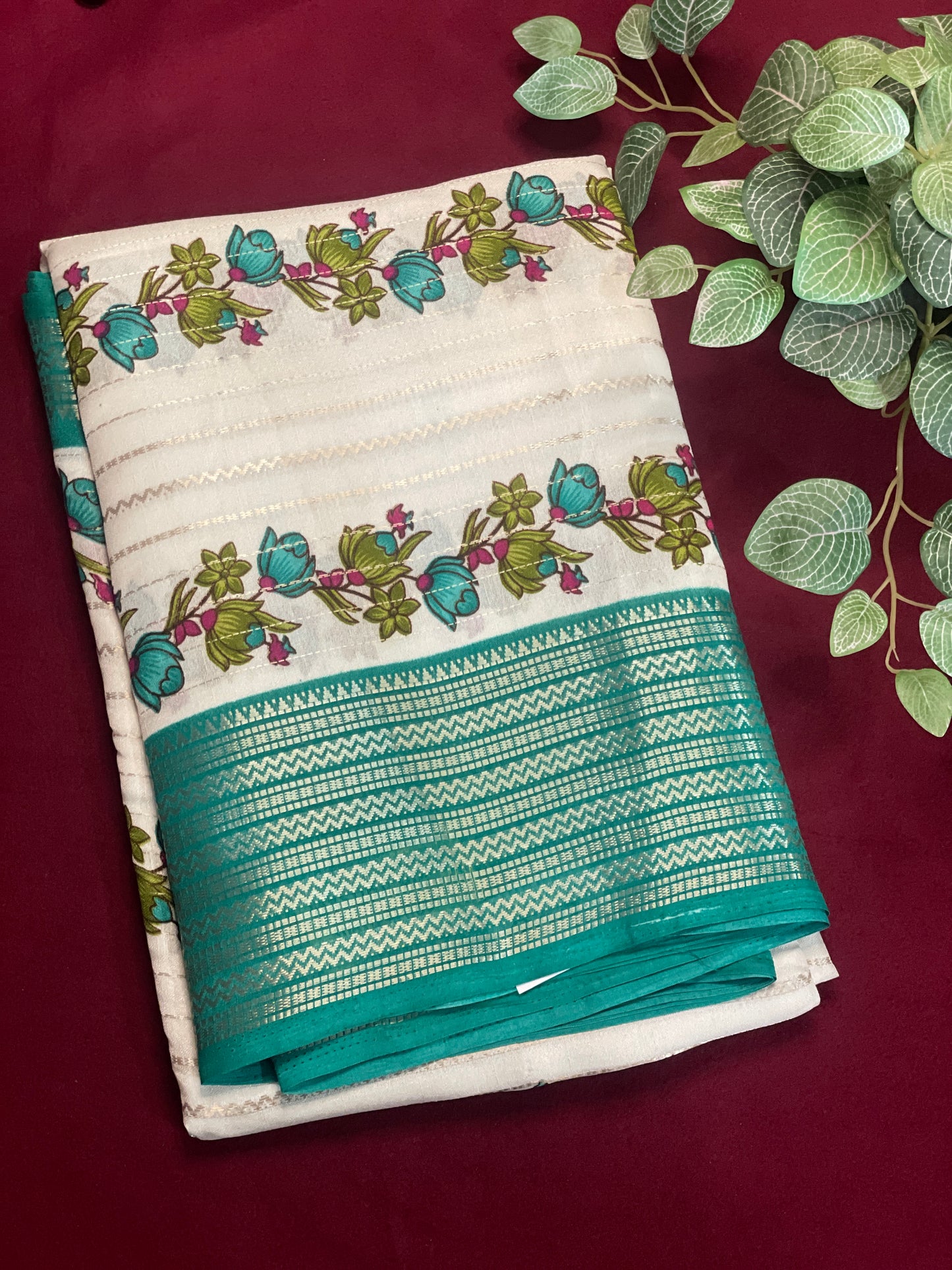 2D Semi Crape Georget Green Border Saree
