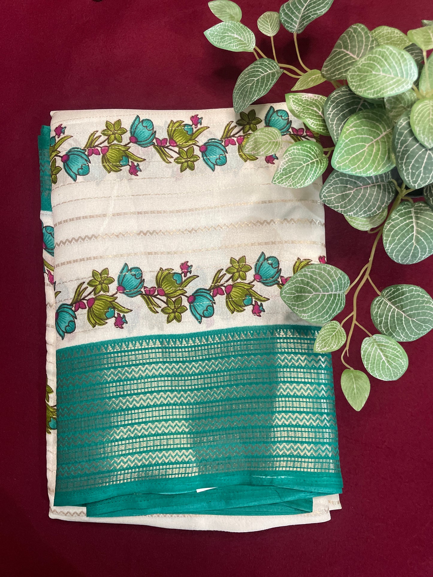 2D Semi Crape Georget Green Border Saree