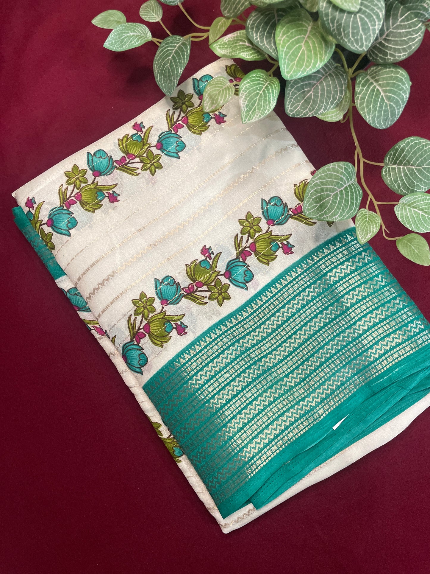 2D Semi Crape Georget Green Border Saree