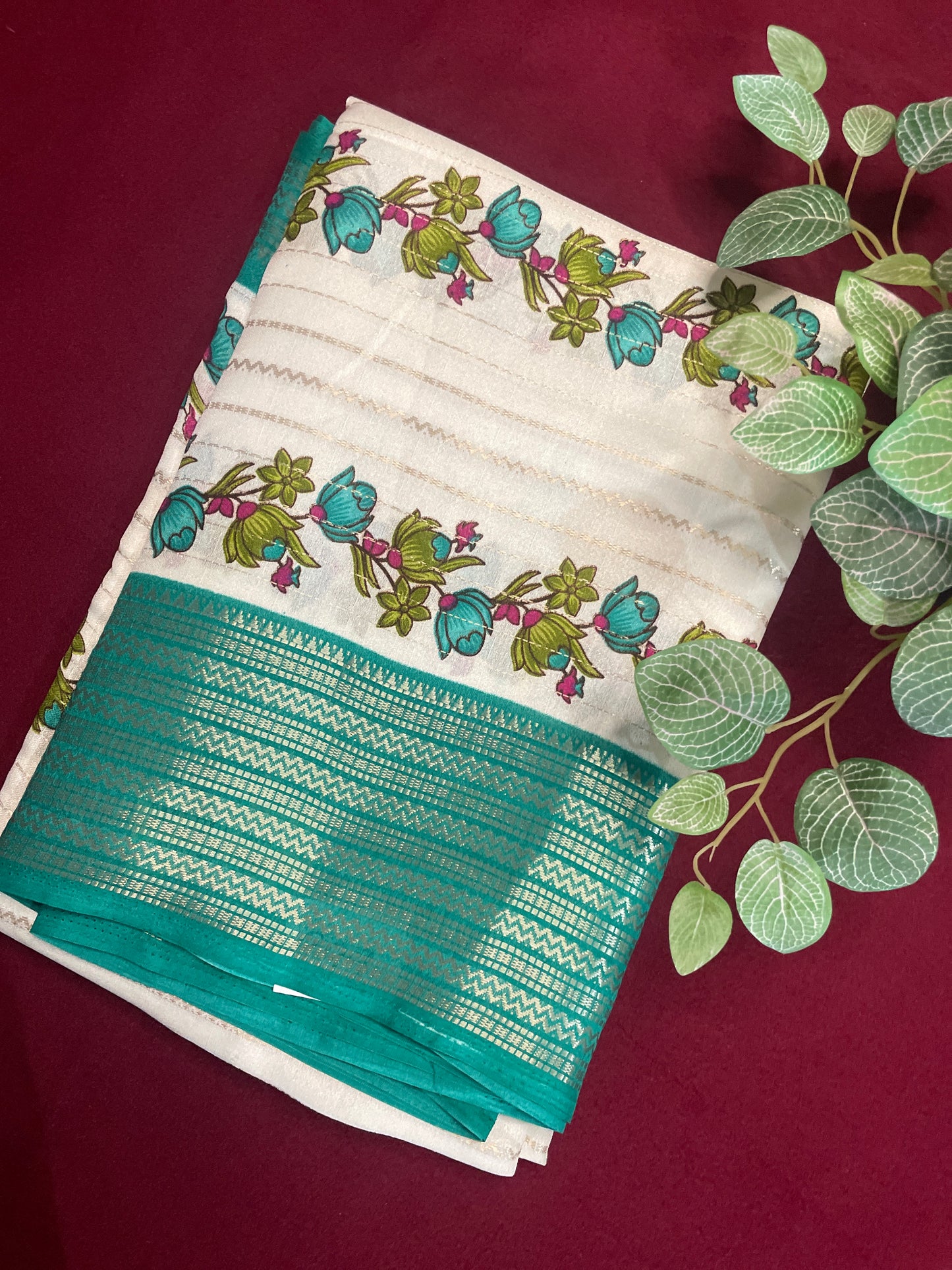 2D Semi Crape Georget Green Border Saree