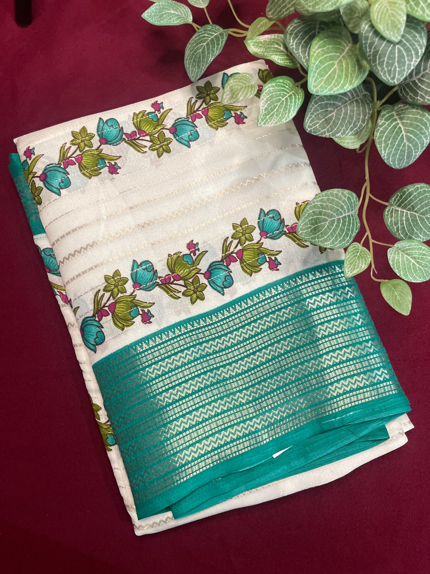 2D Semi Crape Georget Green Border Saree