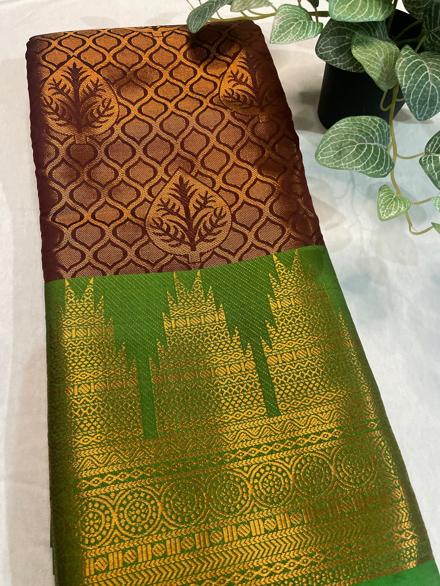Temple Border Copper Gold Soft Silk Saree