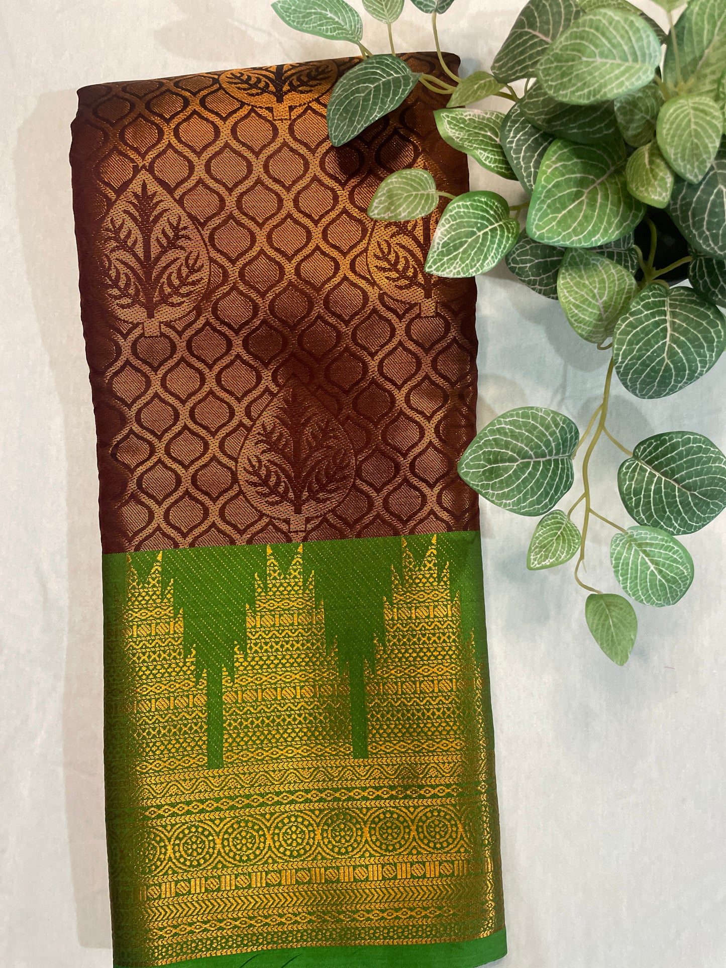 Temple Border Copper Gold Soft Silk Saree