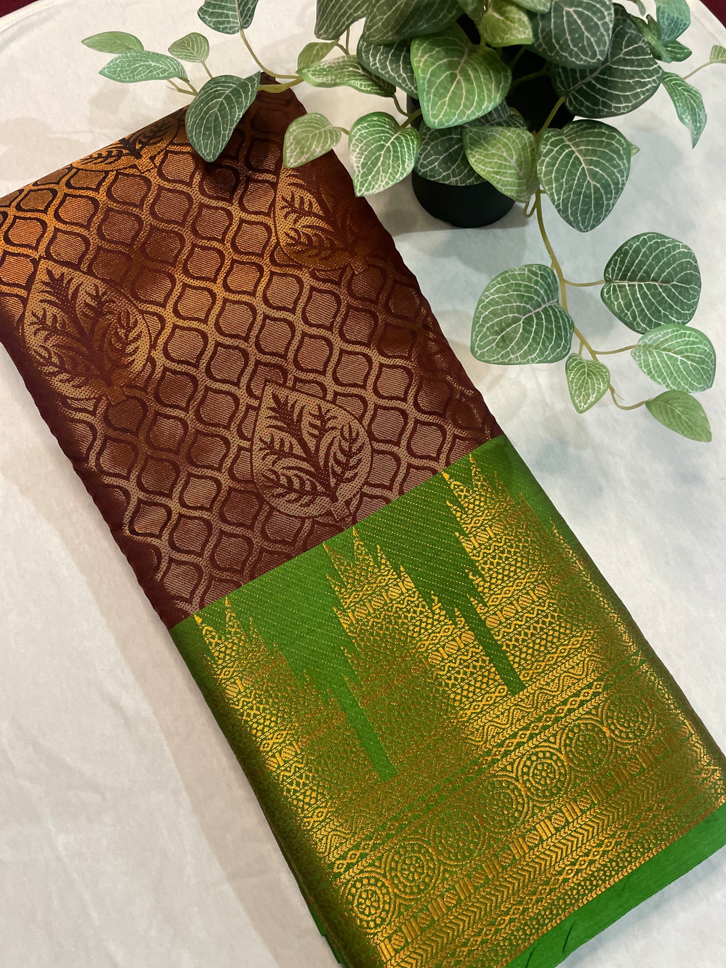 Temple Border Copper Gold Soft Silk Saree