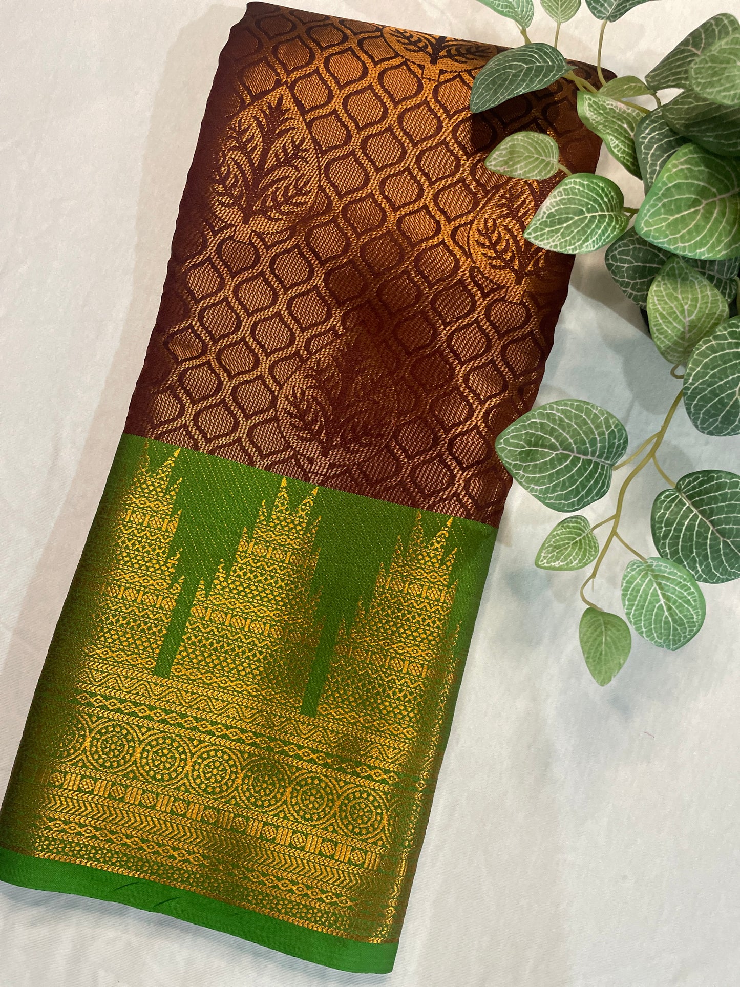 Temple Border Copper Gold Soft Silk Saree