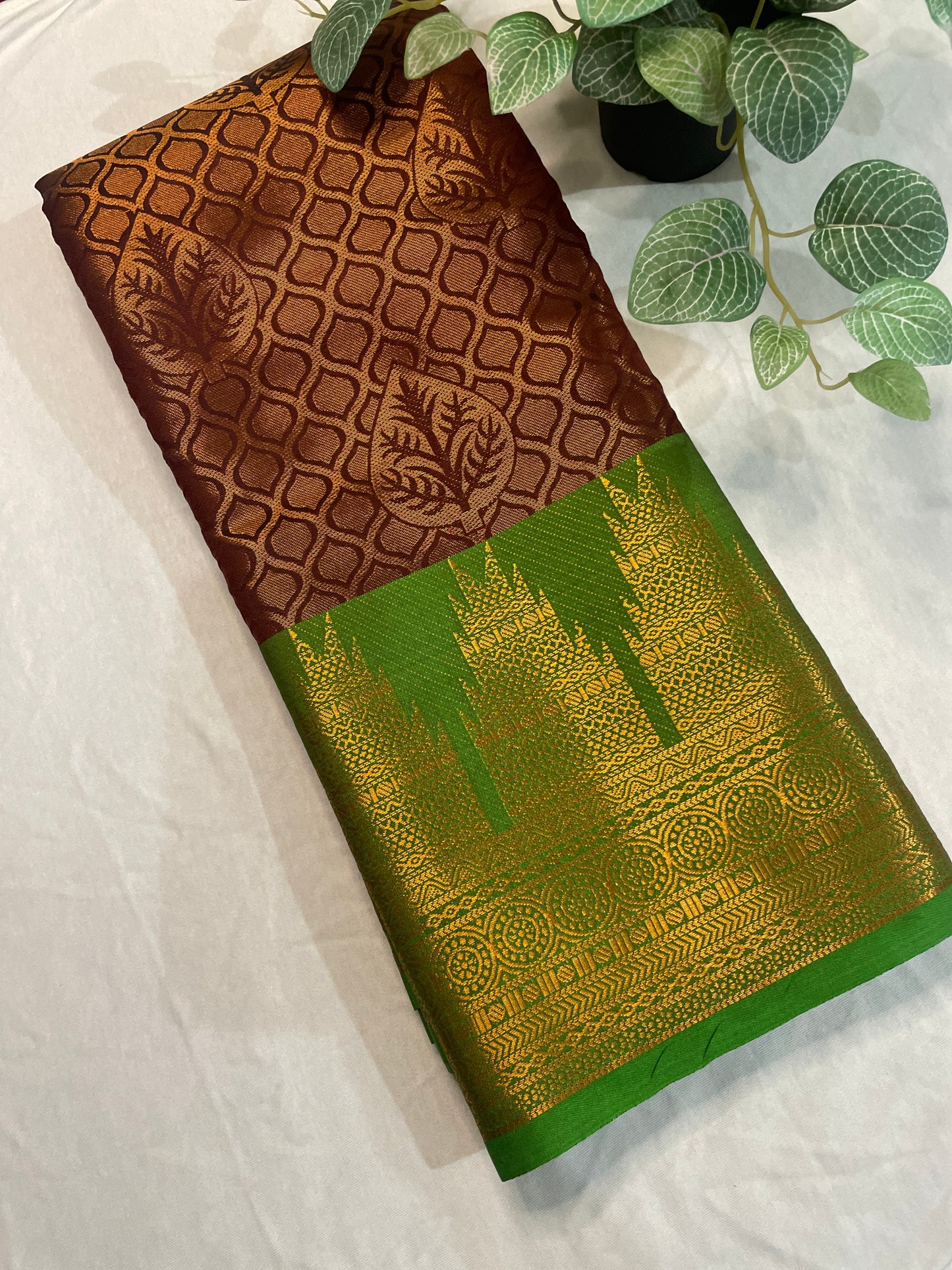 Temple Border Copper Gold Soft Silk Saree