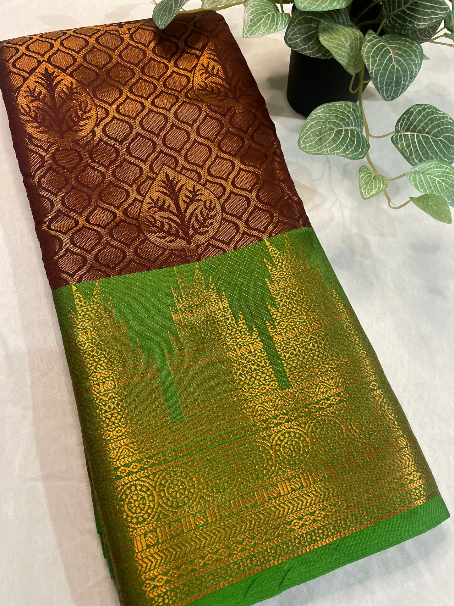 Temple Border Copper Gold Soft Silk Saree