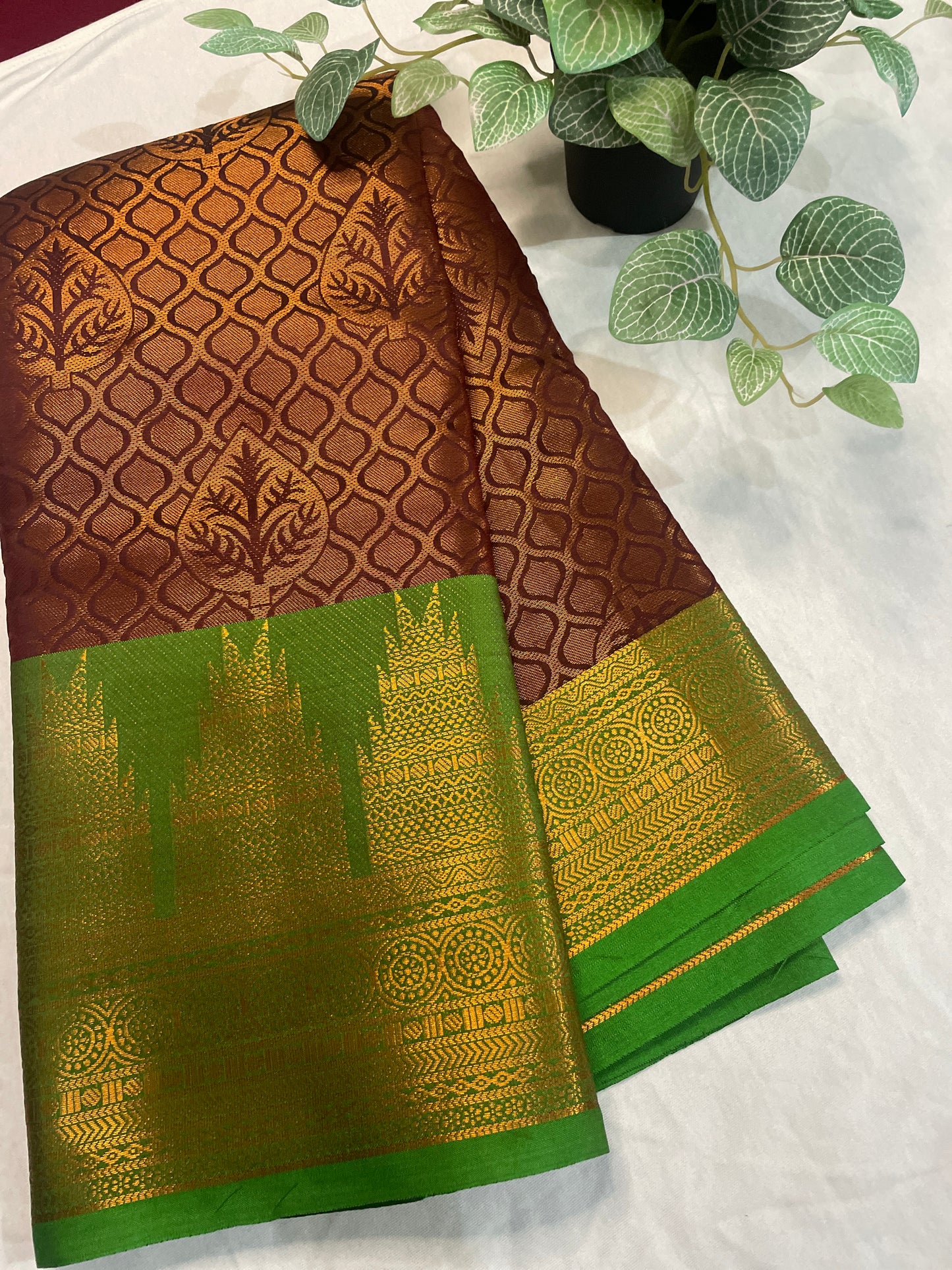 Temple Border Copper Gold Soft Silk Saree
