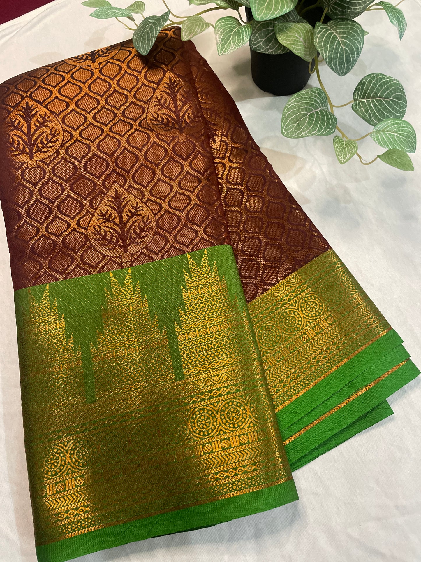 Temple Border Copper Gold Soft Silk Saree