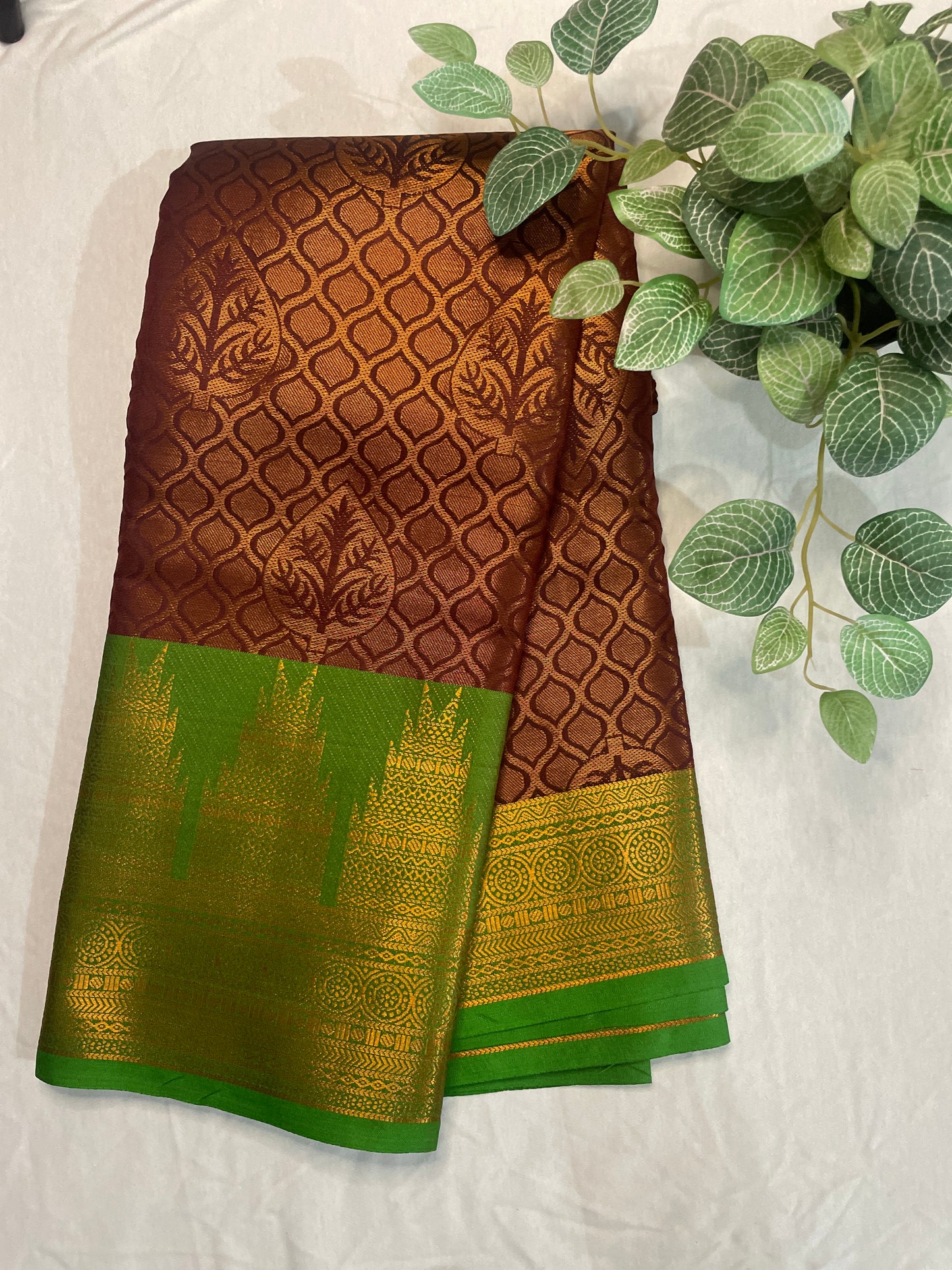Temple Border Copper Gold Soft Silk Saree