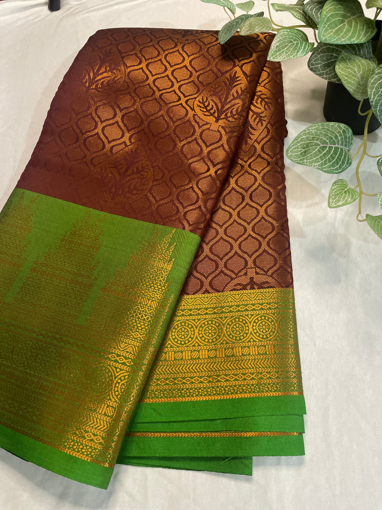 Temple Border Copper Gold Soft Silk Saree
