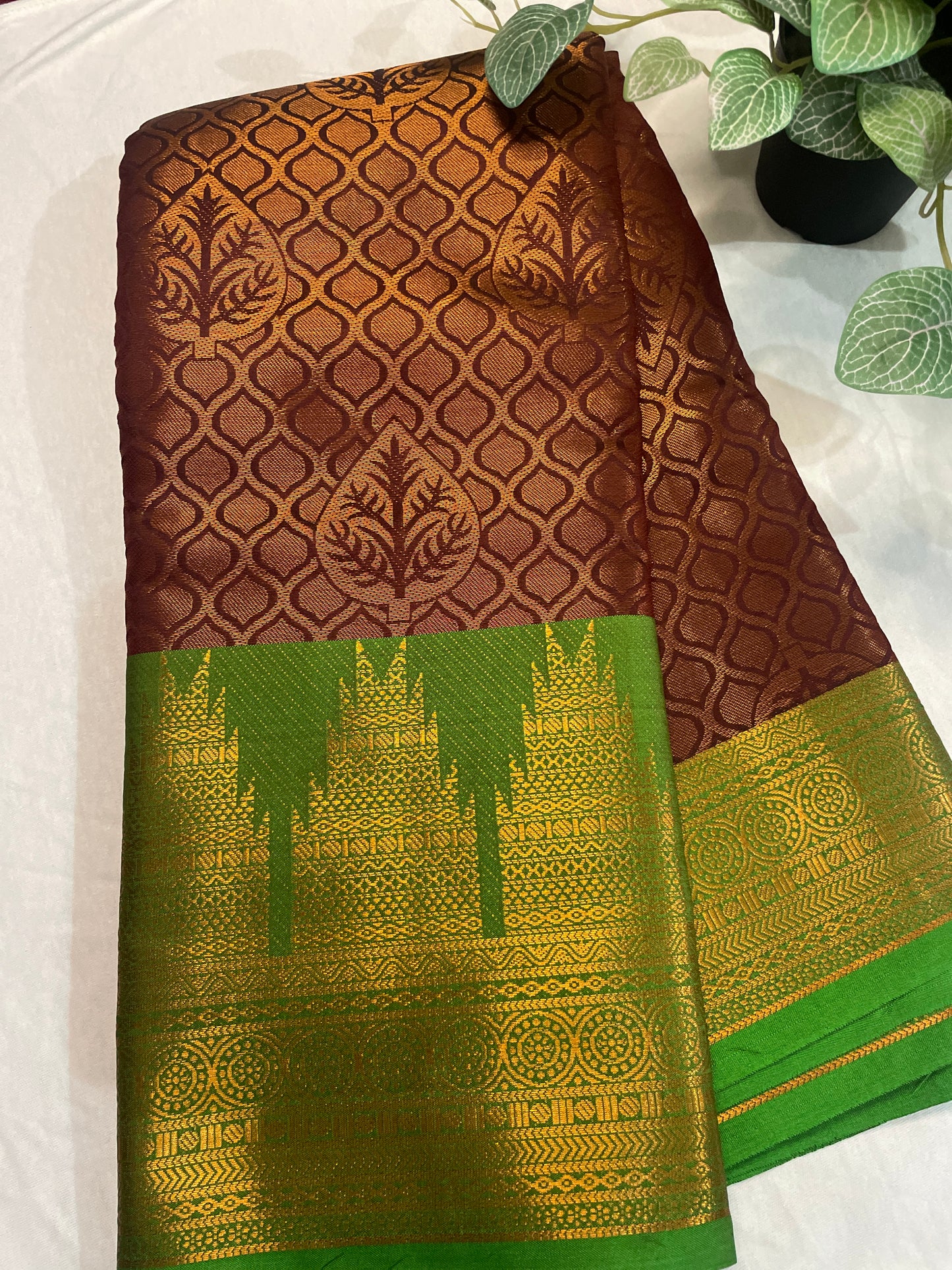 Temple Border Copper Gold Soft Silk Saree