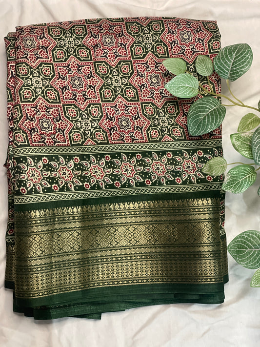 Ajrak Print Saree Green