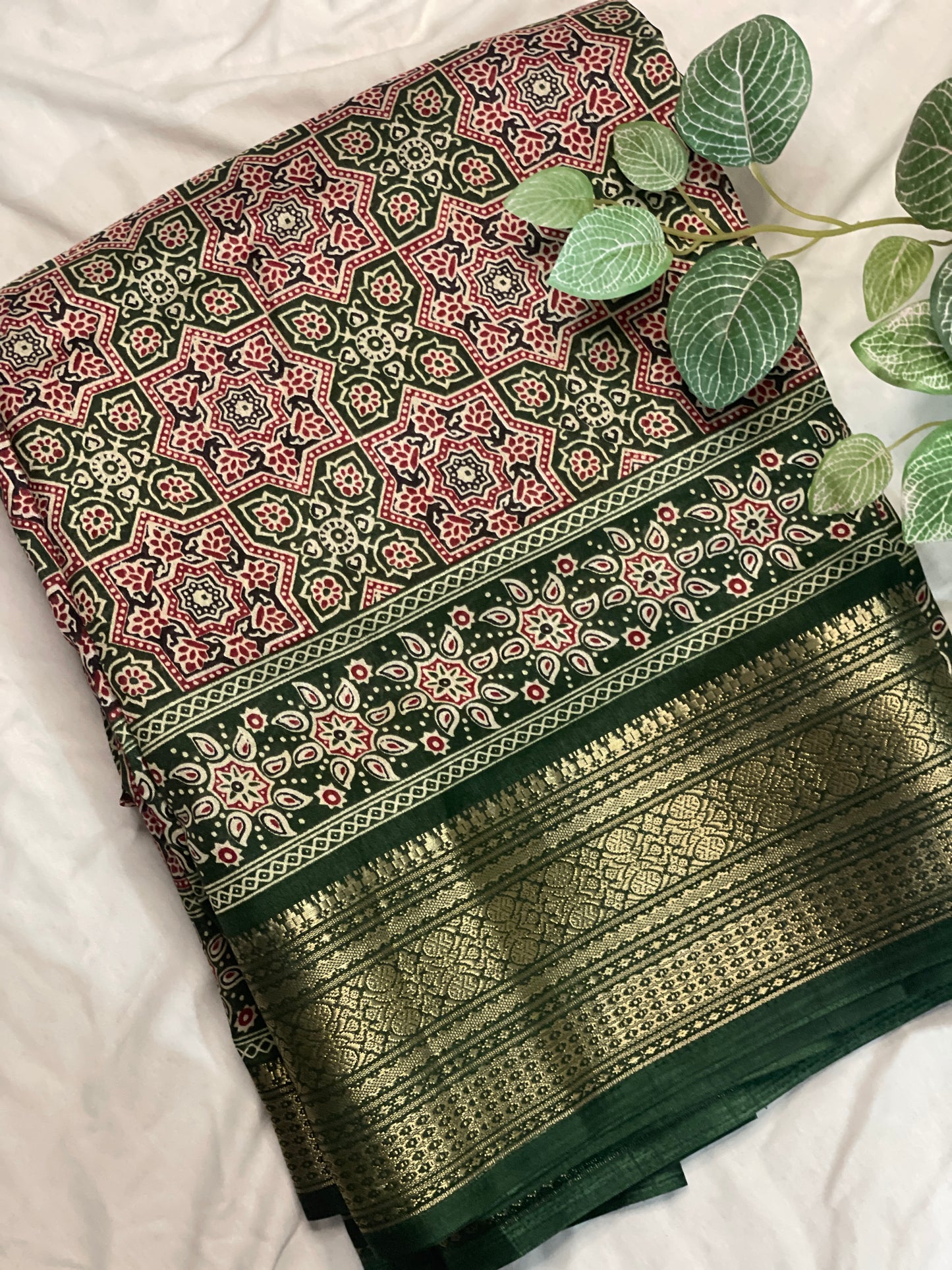 Ajrak Print Saree Green