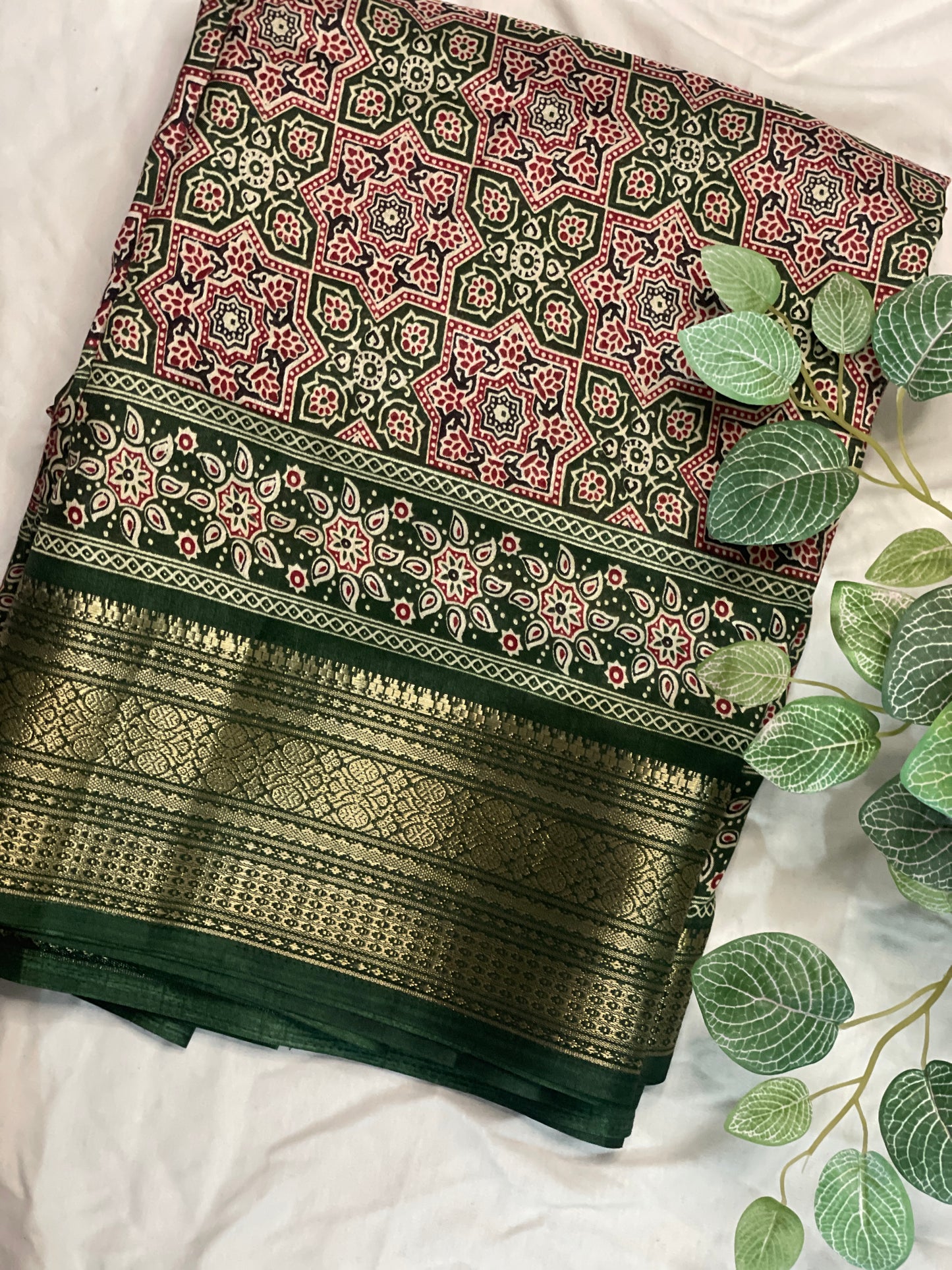 Ajrak Print Saree Green