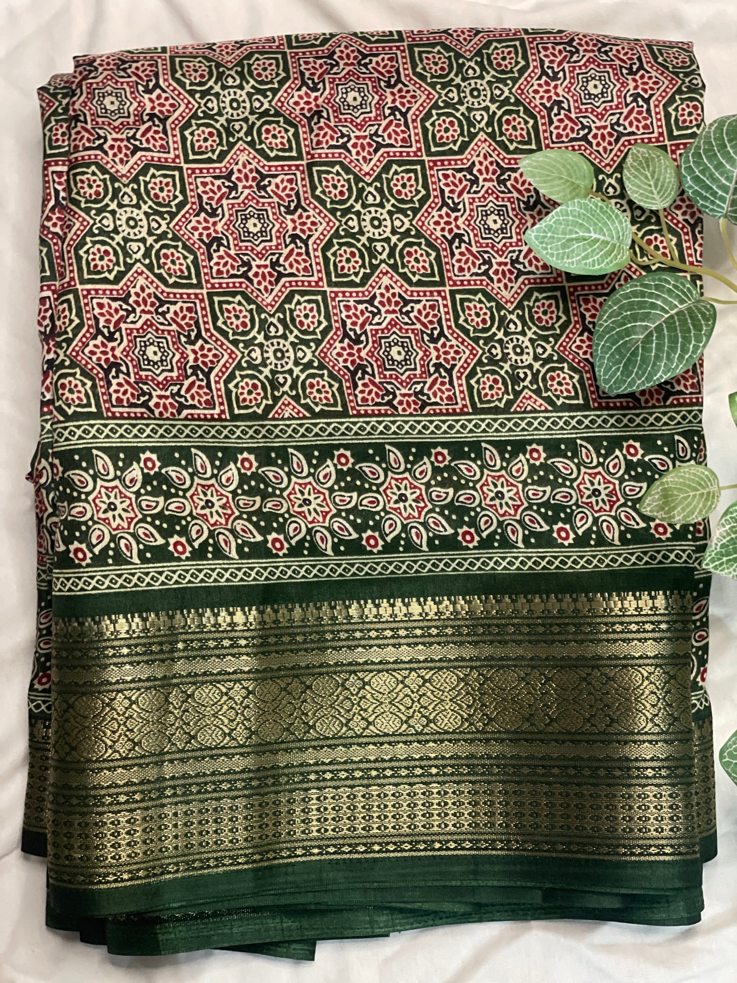 Ajrak Print Saree Green