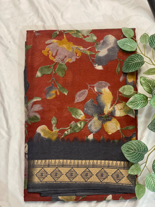 Brown Floral Fancy Saree