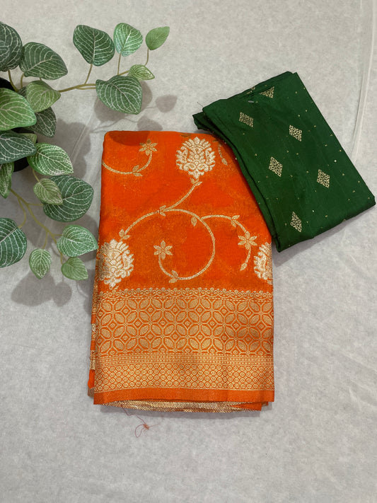 Beautiful Leafy Khaddi Georget Banarasi Saree