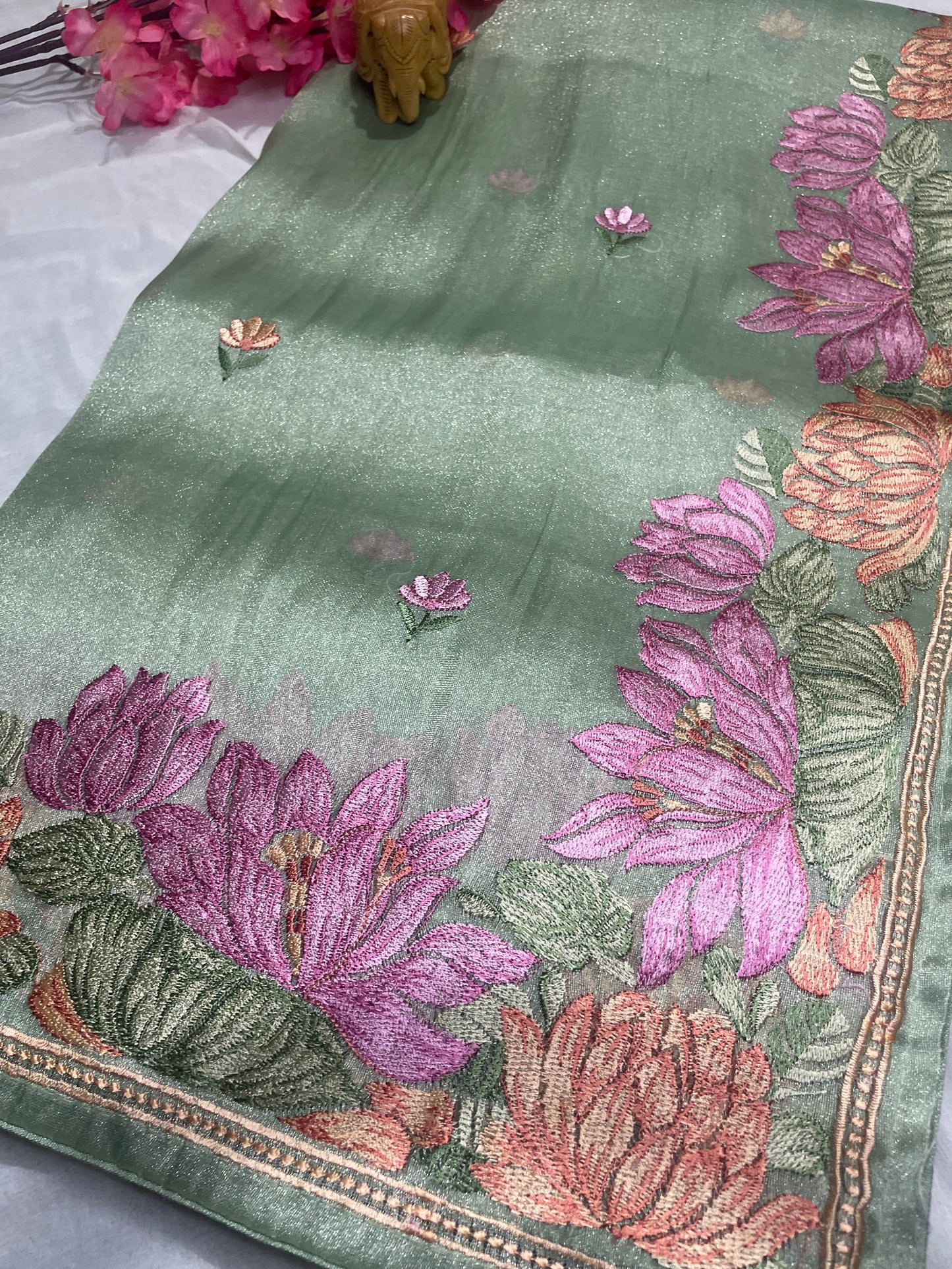 Pure Tissue Silk Lotus Embroidery Saree