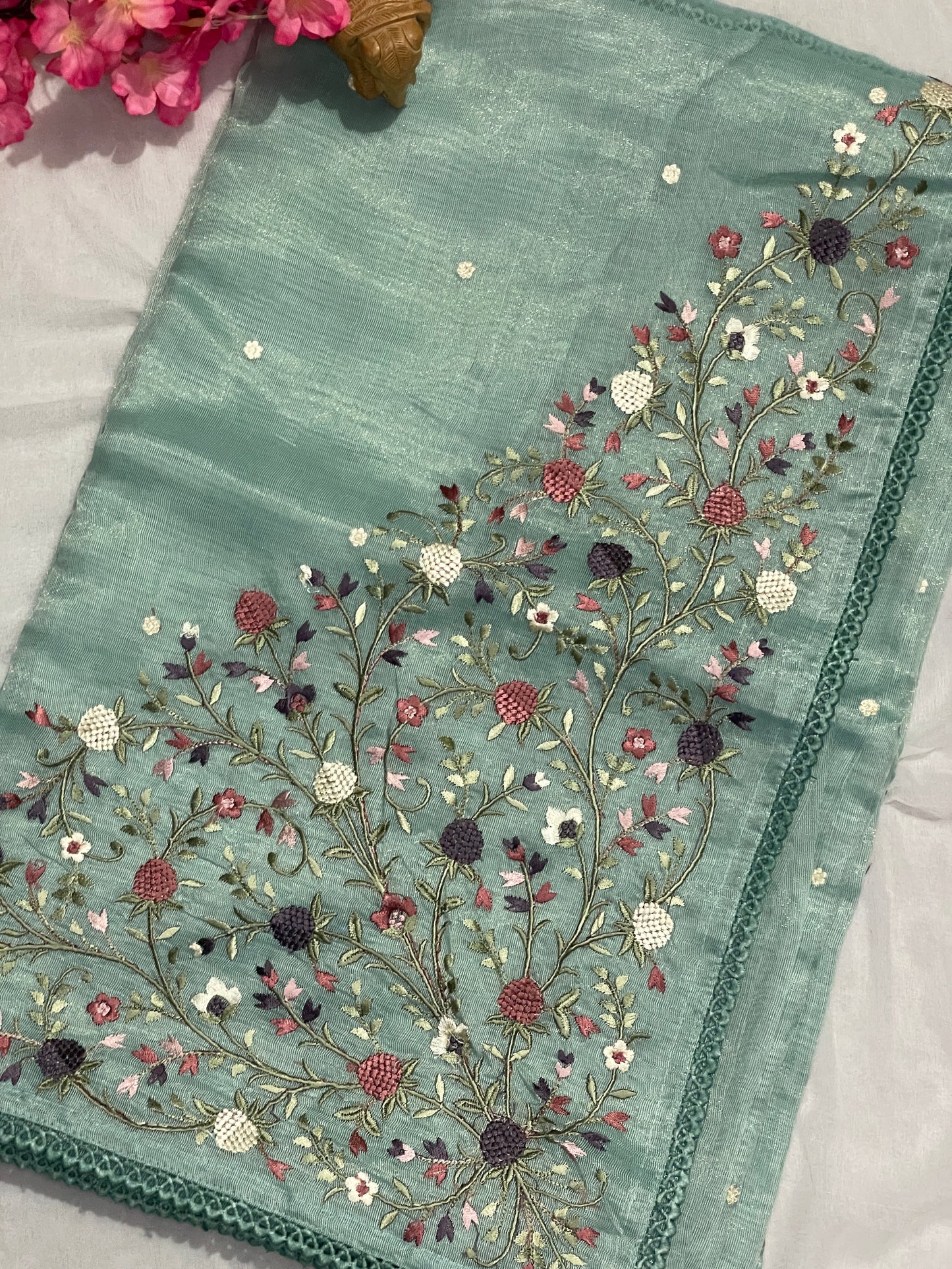 Lenin Tissue Lite weight Embroidery Saree