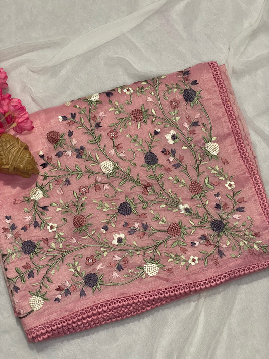 Lenin Tissue Lite weight Embroidery Saree