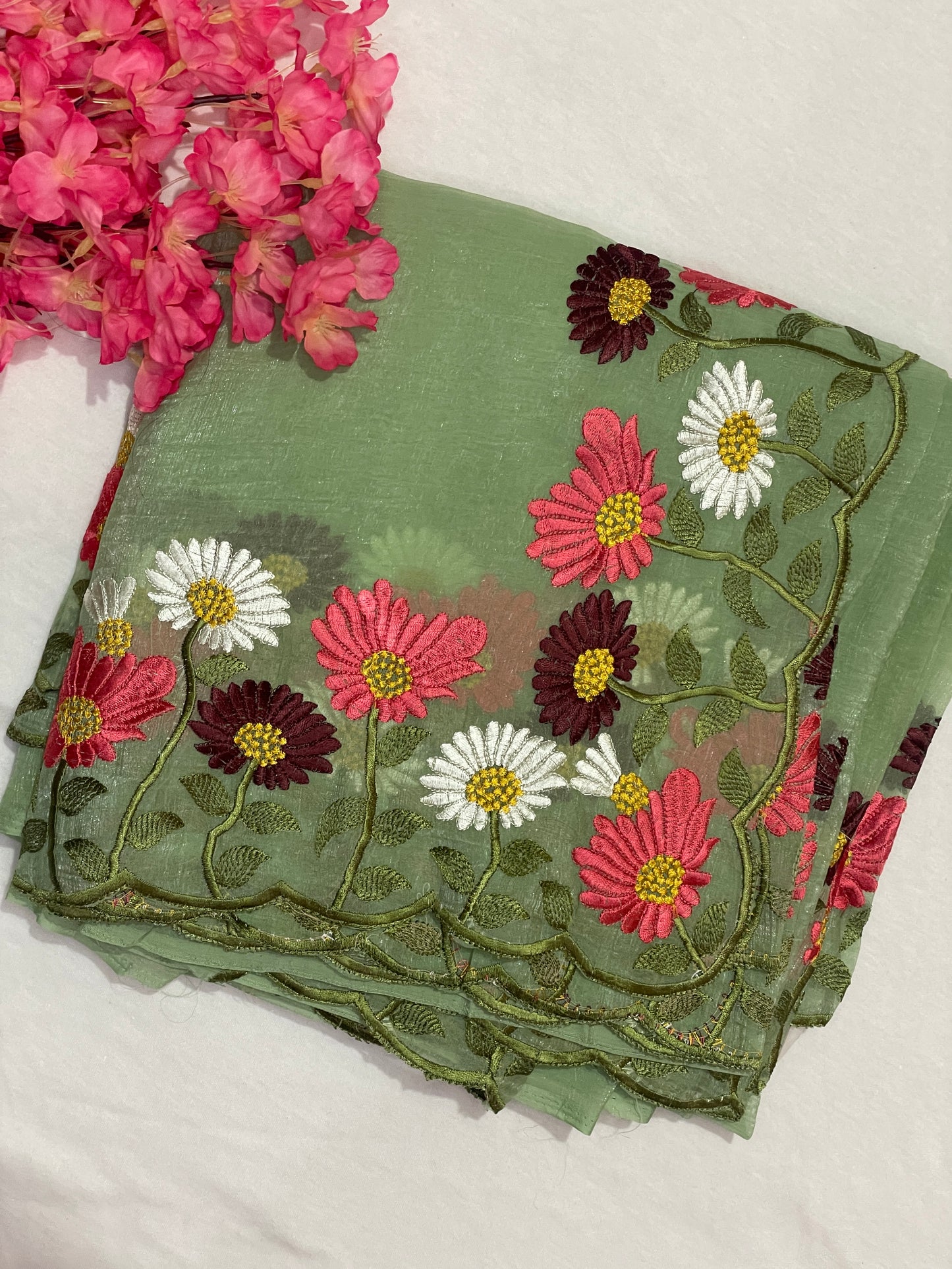 Floral Embroidery Soft Tissue Saree